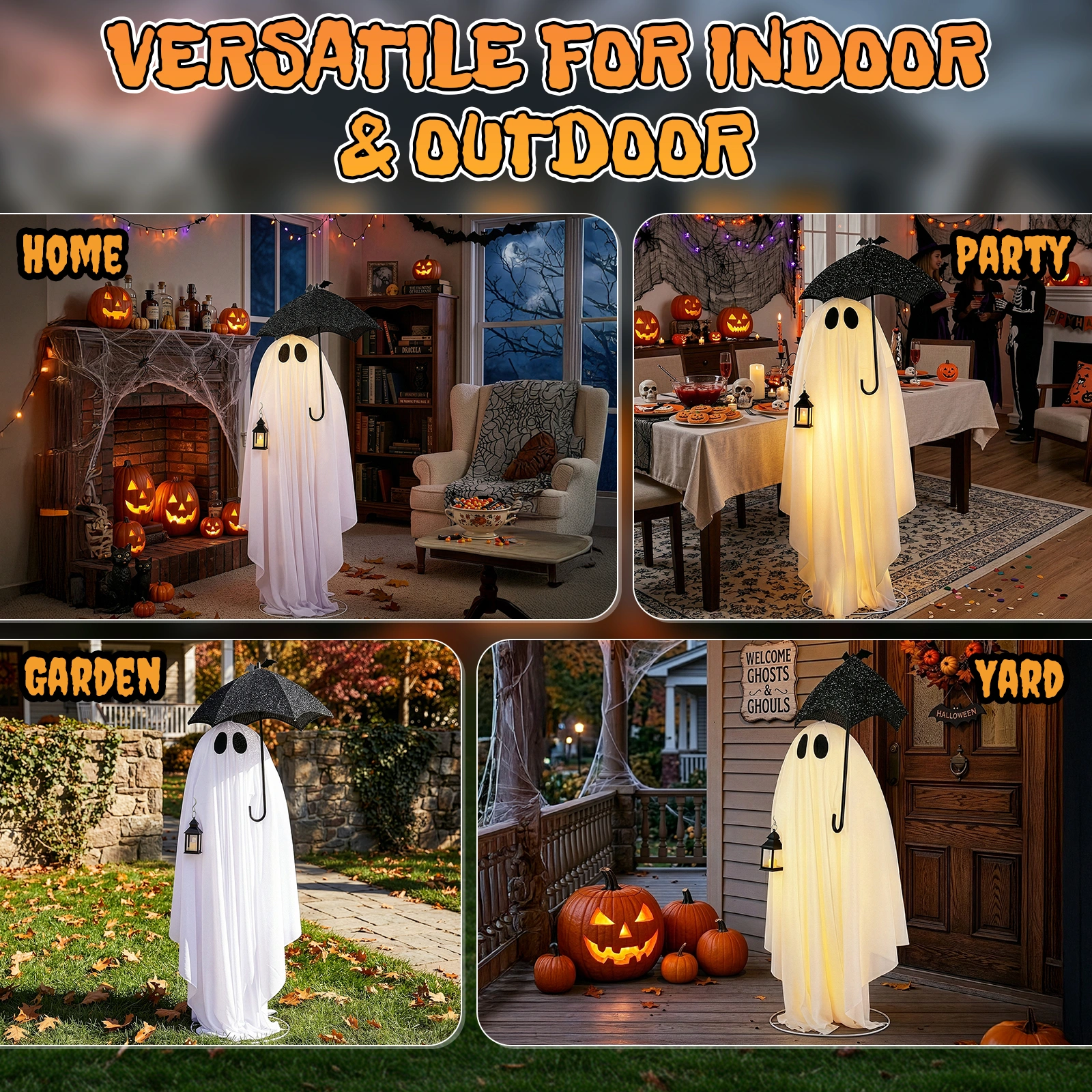 5ft Black & White LED Ghost Halloween Decoration - Umbrella Ghost with 100 Warm White Lights, 30V 3.6W Adapter, Spooky Yard Prop view 6