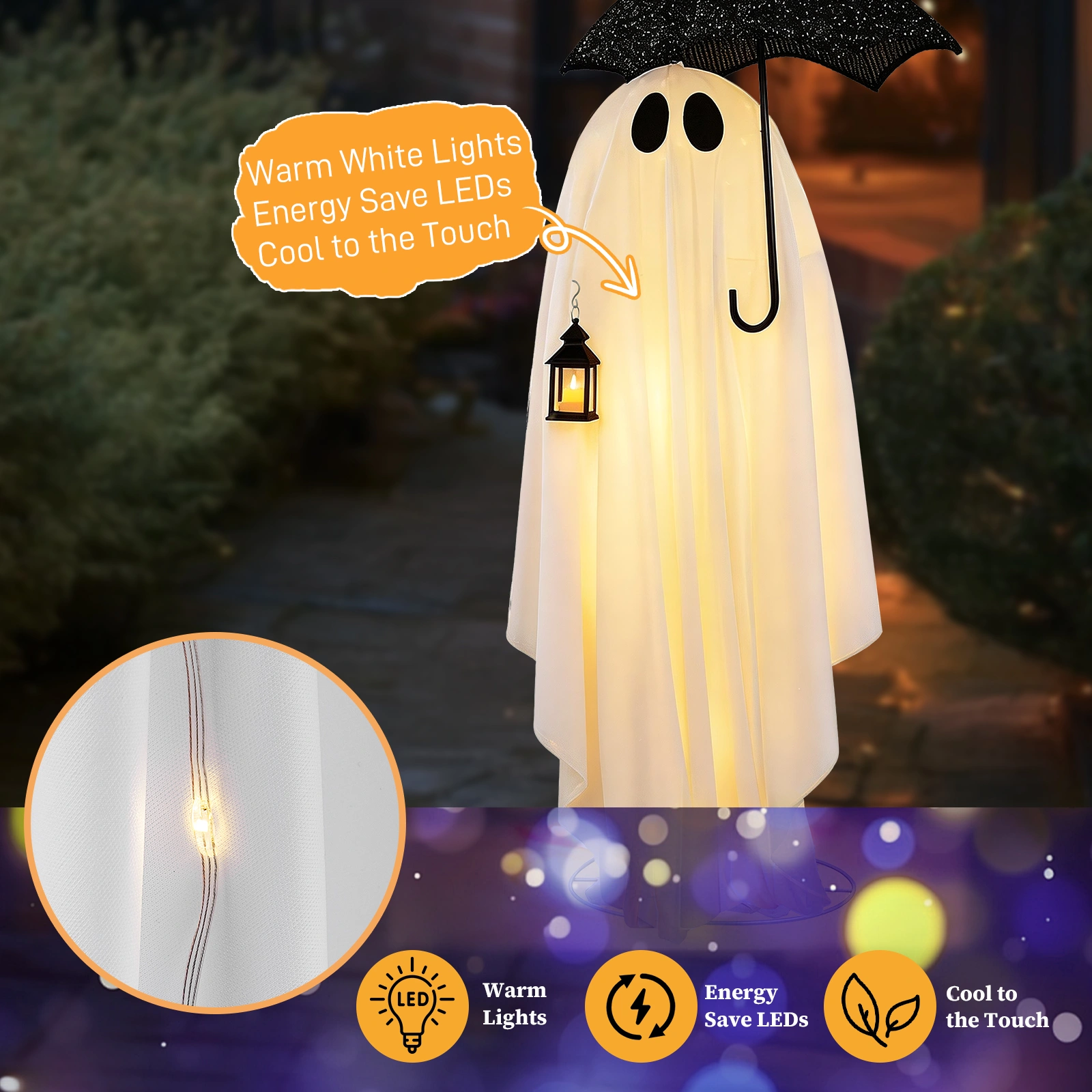 5ft Black & White LED Ghost Halloween Decoration - Umbrella Ghost with 100 Warm White Lights, 30V 3.6W Adapter, Spooky Yard Prop view 7