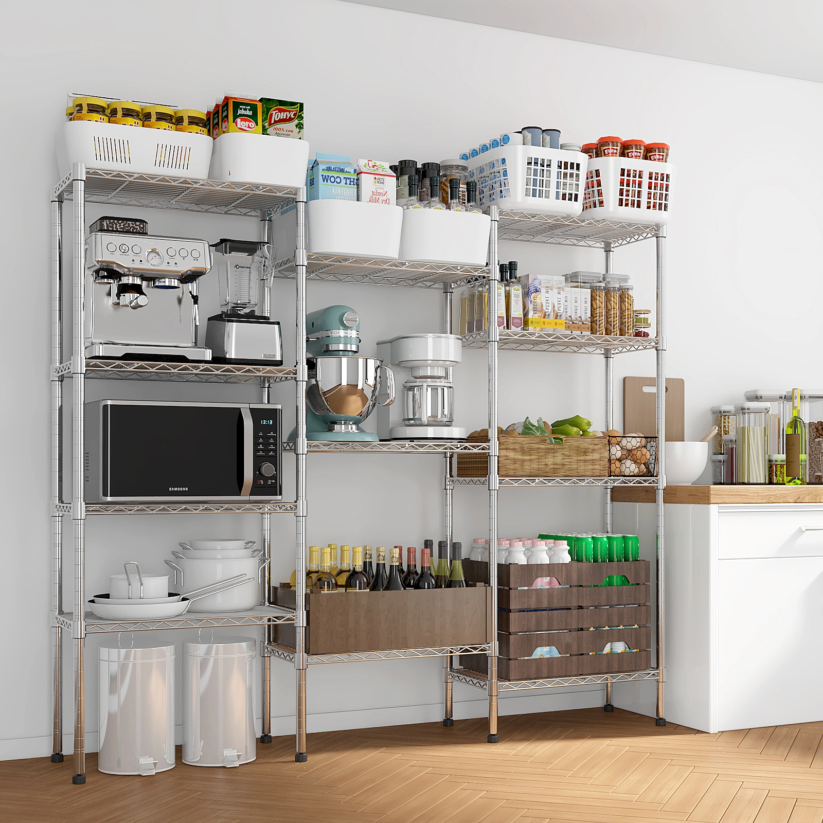62.9''W Adjustable Storage Shelves NSF Wire Shelving Unit Multiple rows Shelving for Storage Rack Shelves for Storage Heavy Duty Garage Shelf Pantry Shelves Kitchen Shelving, 62.9''W*59.06''H*13 view 9