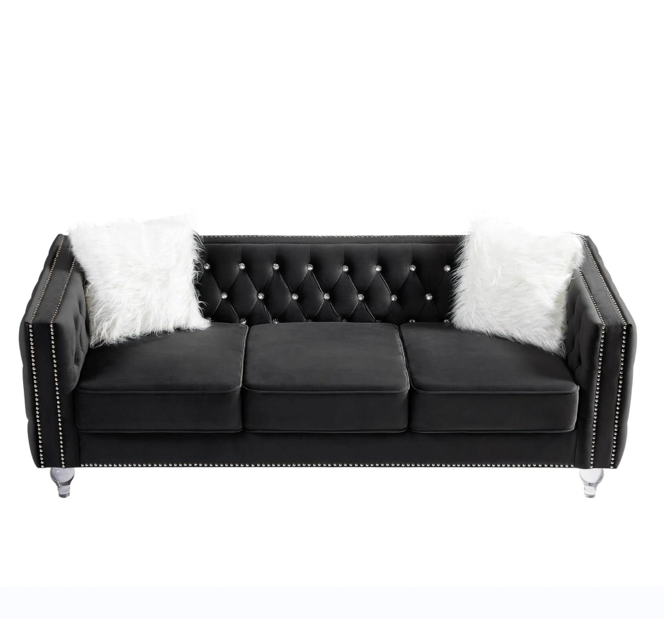 Black Velvet 3-Seater Sofa with Crystal Buckle Detail, Crystal Hairpin Legs, Removable Cushions & 2 Plush Pillows view 4
