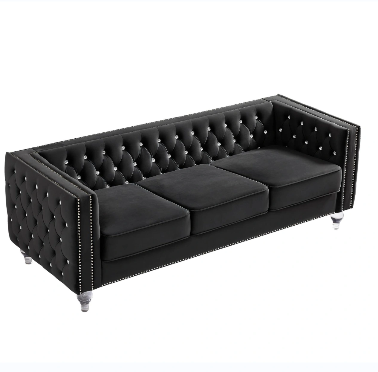 Black Velvet 3-Seater Sofa with Crystal Buckle Detail, Crystal Hairpin Legs, Removable Cushions & 2 Plush Pillows view 5