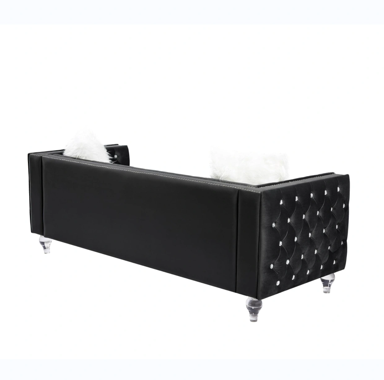 Black Velvet 3-Seater Sofa with Crystal Buckle Detail, Crystal Hairpin Legs, Removable Cushions & 2 Plush Pillows view 6