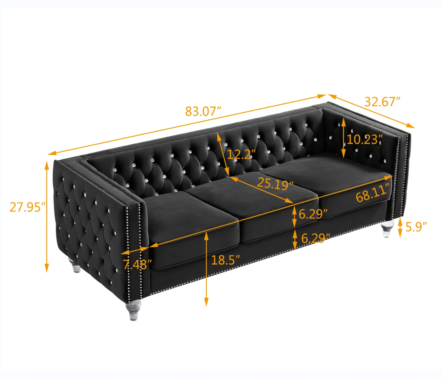 Black Velvet 3-Seater Sofa with Crystal Buckle Detail, Crystal Hairpin Legs, Removable Cushions & 2 Plush Pillows view 7