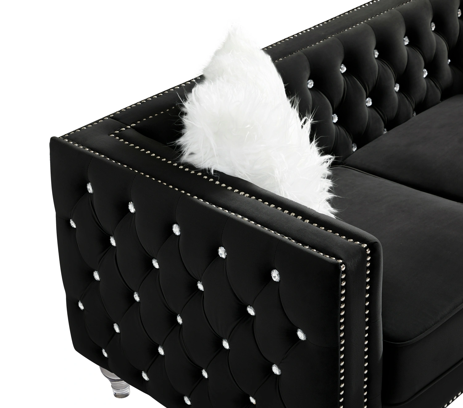 Black Velvet 3-Seater Sofa with Crystal Buckle Detail, Crystal Hairpin Legs, Removable Cushions & 2 Plush Pillows view 9