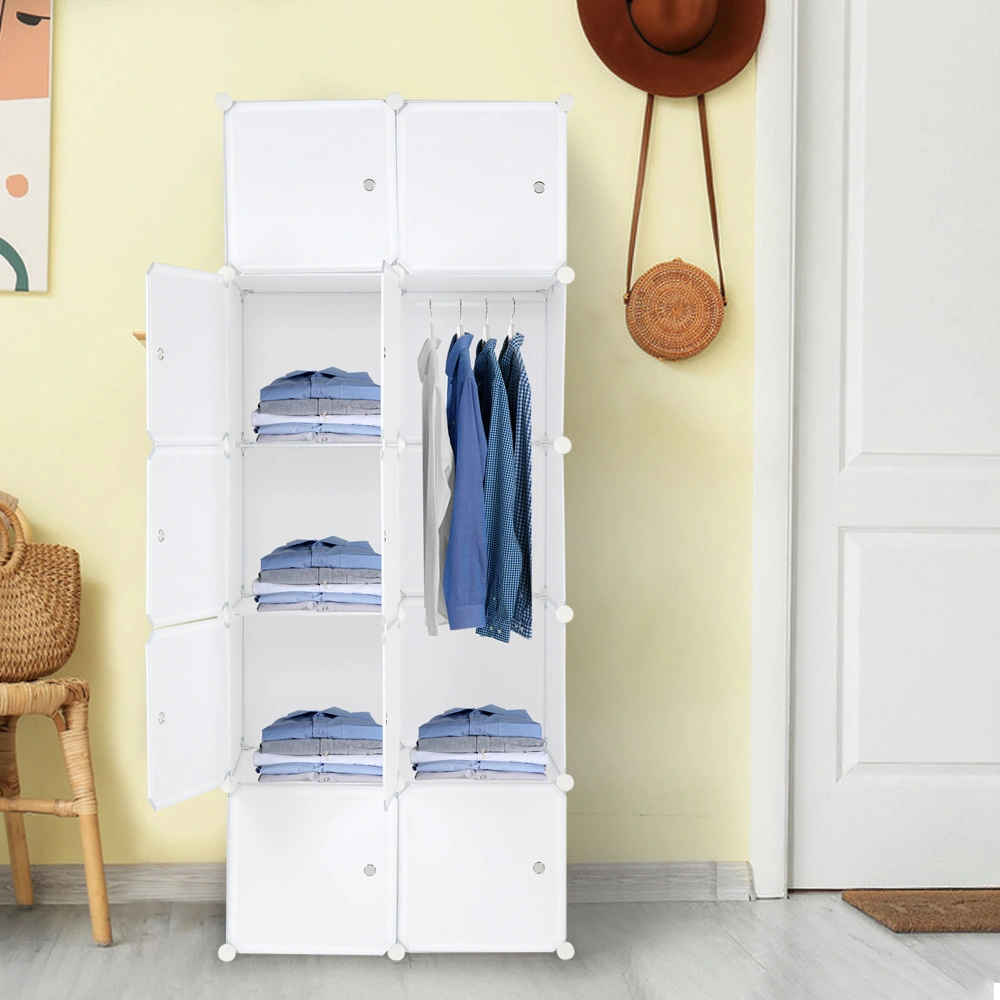 10-Cube Organizer Stackable Plastic Storage Shelves, Modular Closet Cabinet with Hanging Rod, White