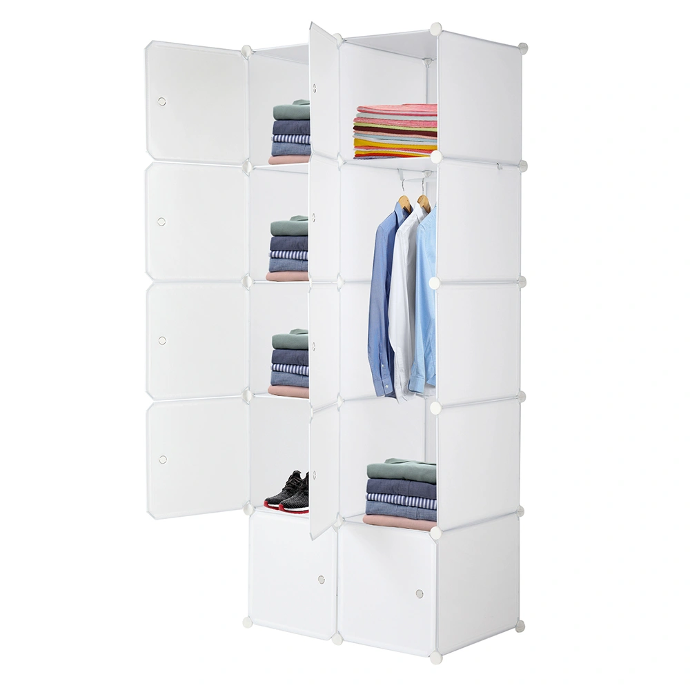 10-Cube Organizer Stackable Plastic Storage Shelves, Modular Closet Cabinet with Hanging Rod, White view 2