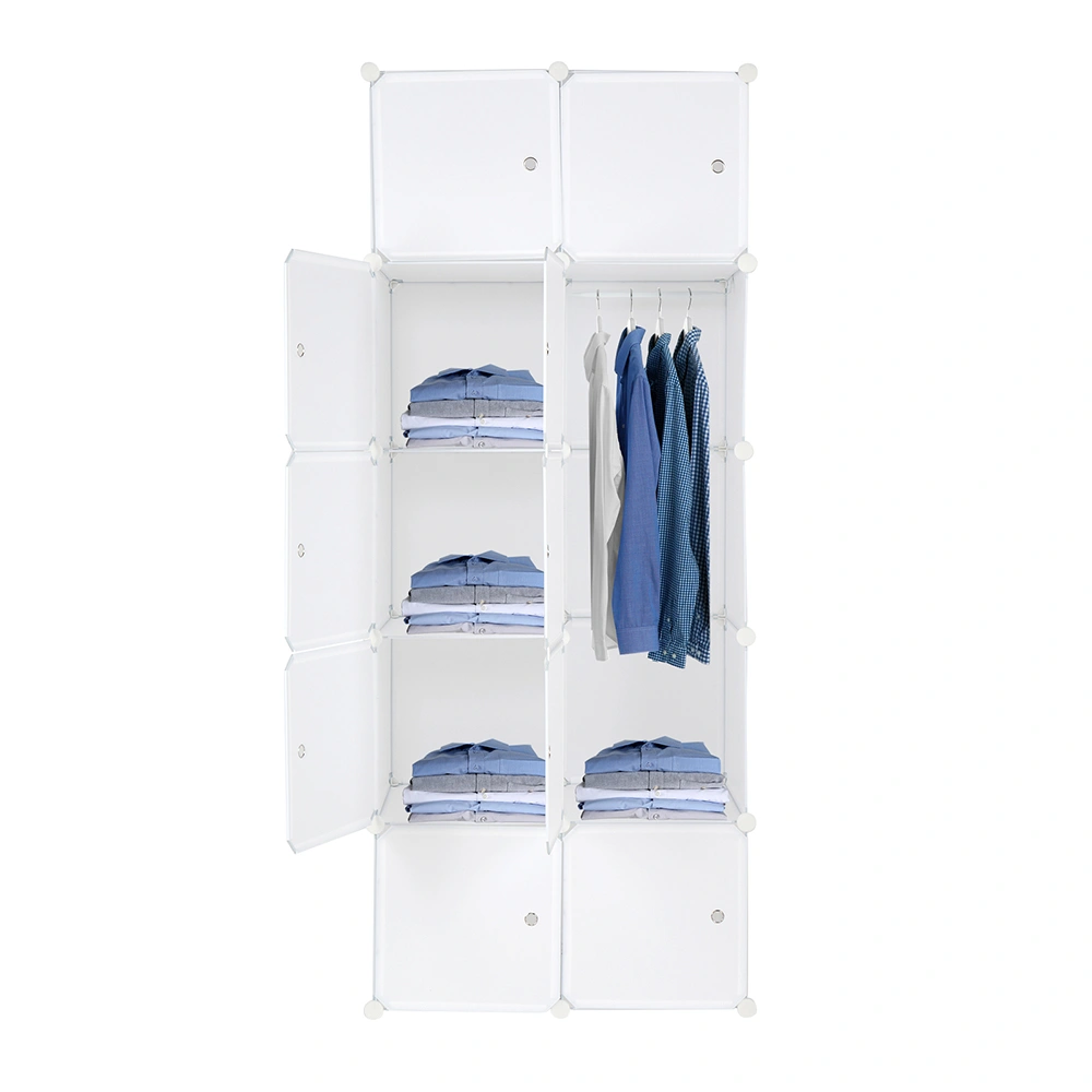 10-Cube Organizer Stackable Plastic Storage Shelves, Modular Closet Cabinet with Hanging Rod, White view 3