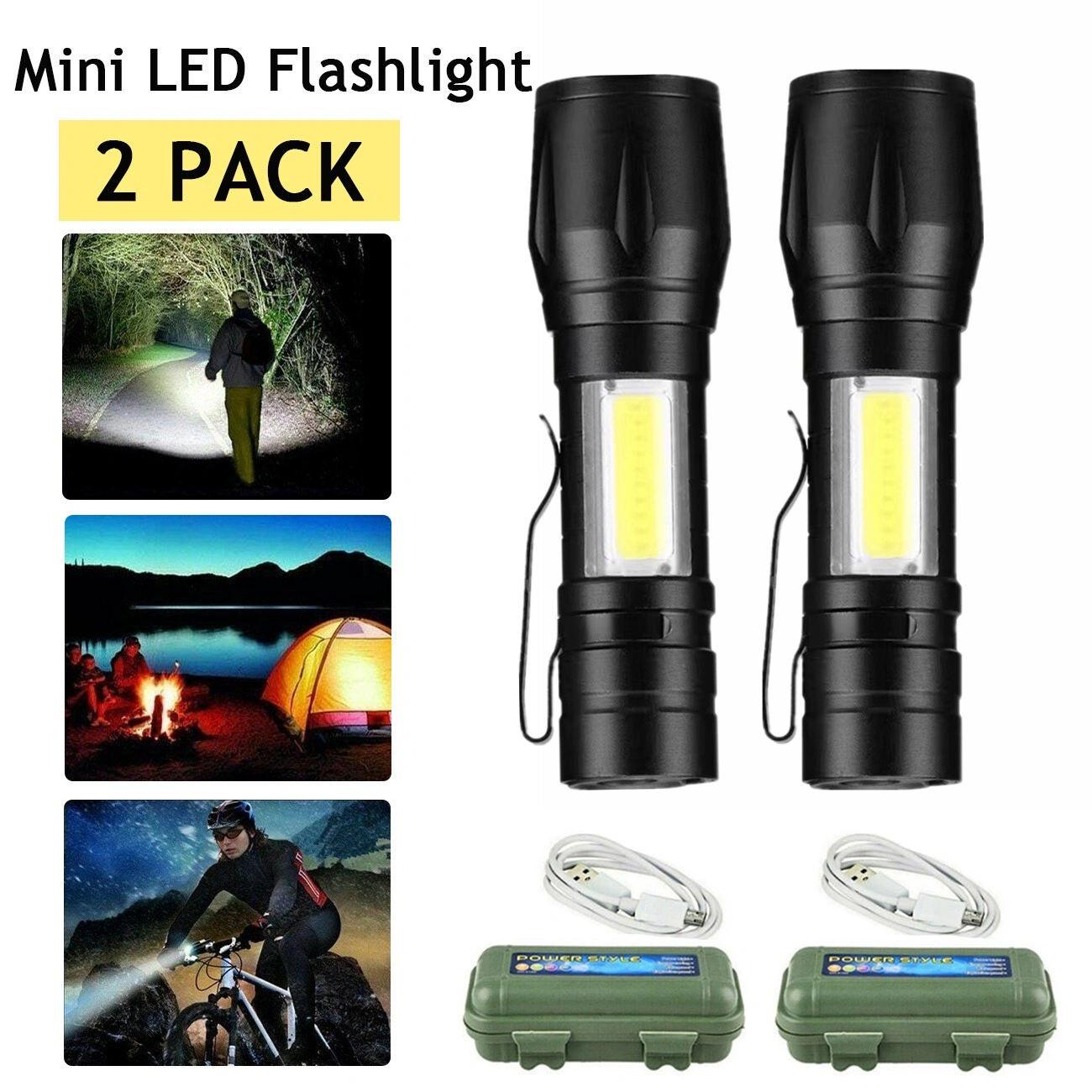 2 Pack USB Rechargeable LED Flashlights, Mini Portable Work Light & Camping Torch