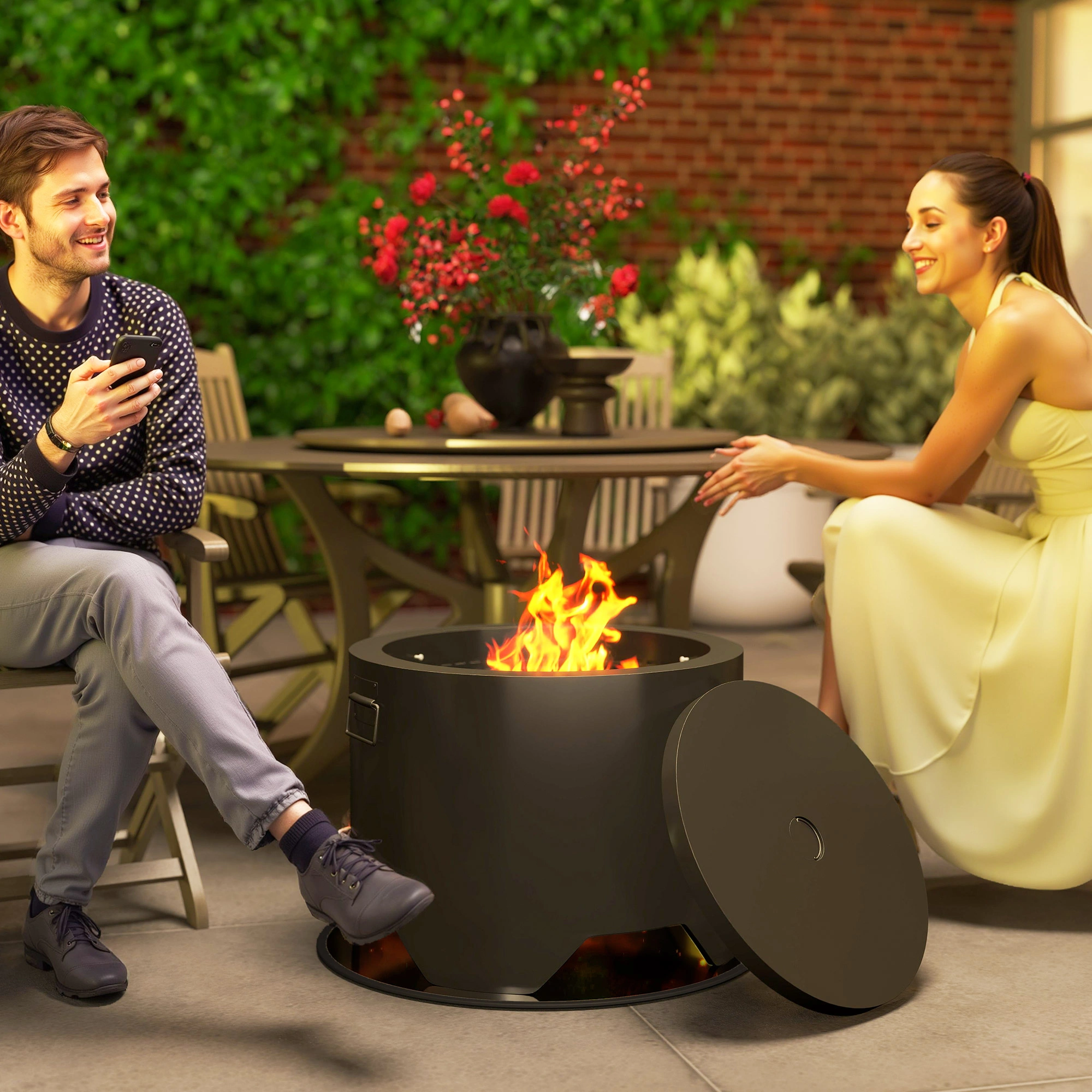 Fire Pit Table Propane Gas Outdoor Fire Pit Tabletop with Glass Rocks, 27 Inch Smokeless Wood Burning Fire Pit