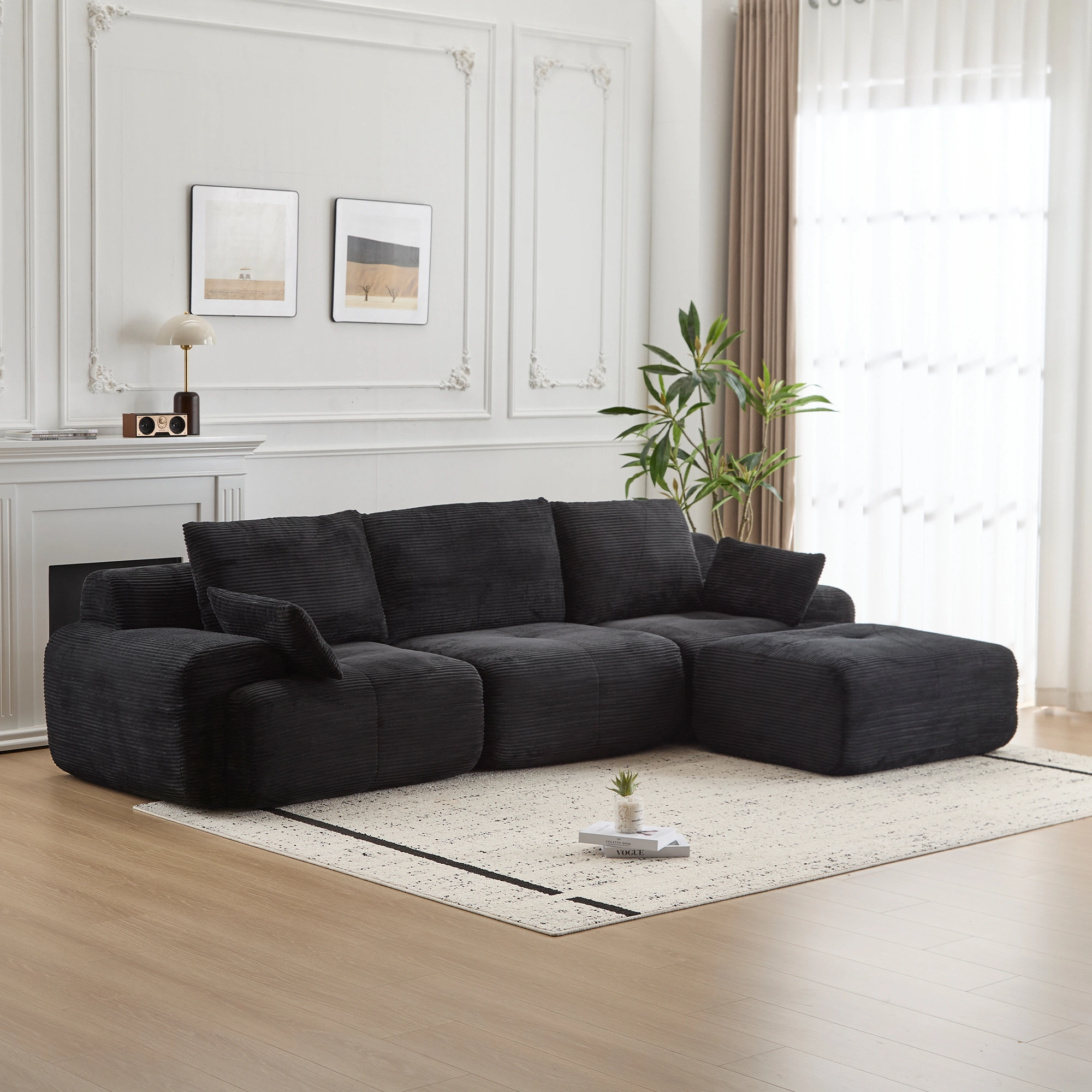 Corduroy Sectional Sofa with Memory Foam, Cloud Modular Couch, Extra Deep Loveseat, Pet-Friendly, Black, No Assembly