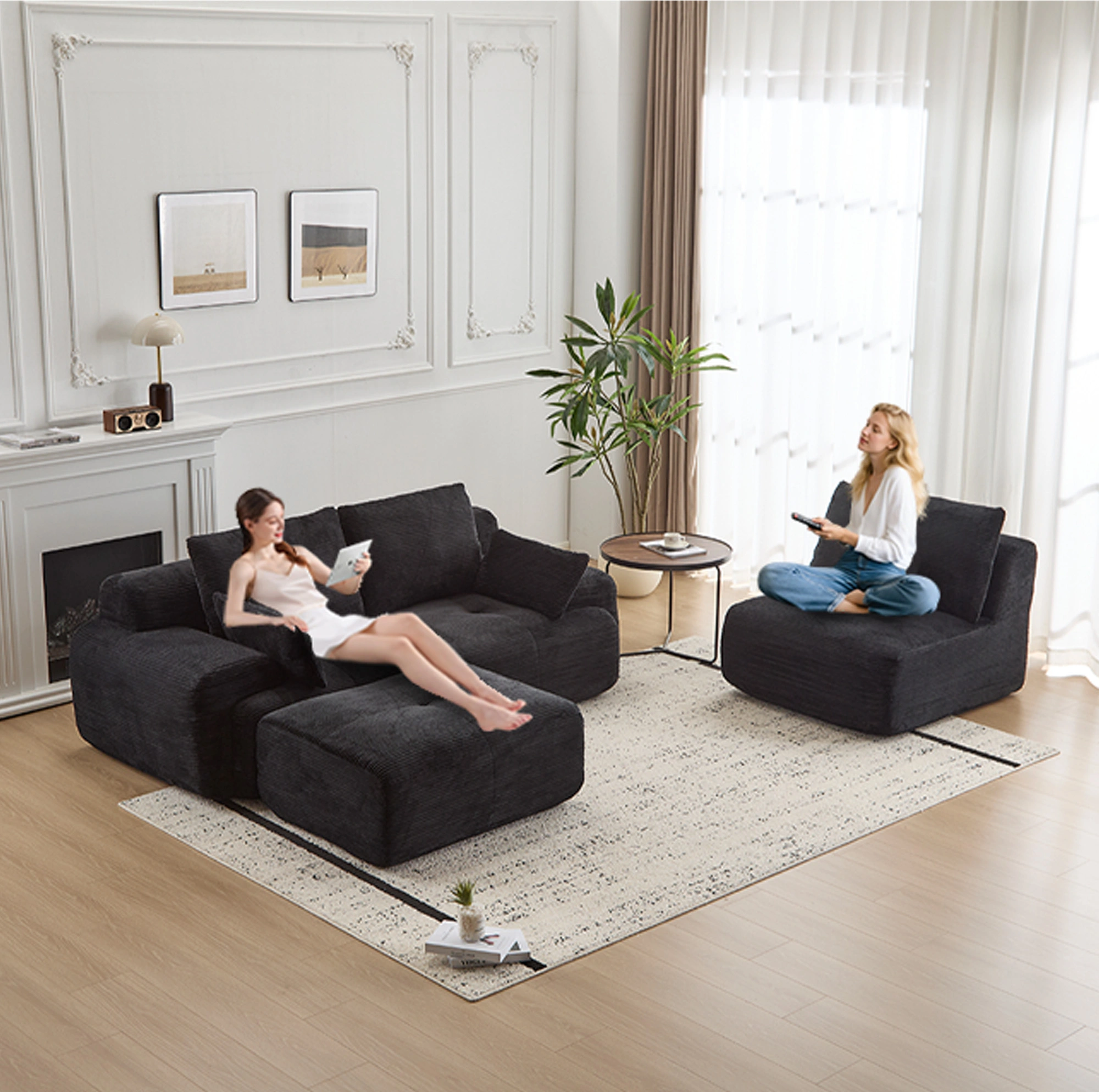 Corduroy Sectional Sofa with Memory Foam, Cloud Modular Couch, Extra Deep Loveseat, Pet-Friendly, Black, No Assembly view 10