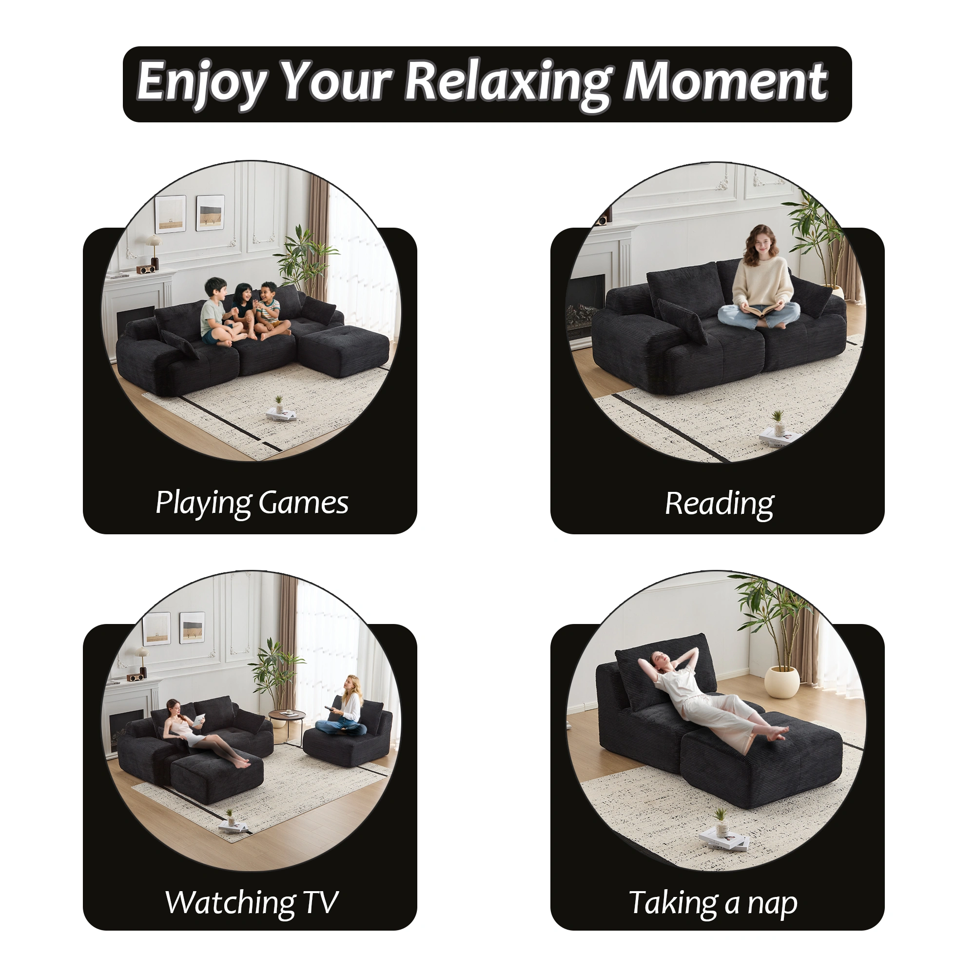 Corduroy Sectional Sofa with Memory Foam, Cloud Modular Couch, Extra Deep Loveseat, Pet-Friendly, Black, No Assembly view 5
