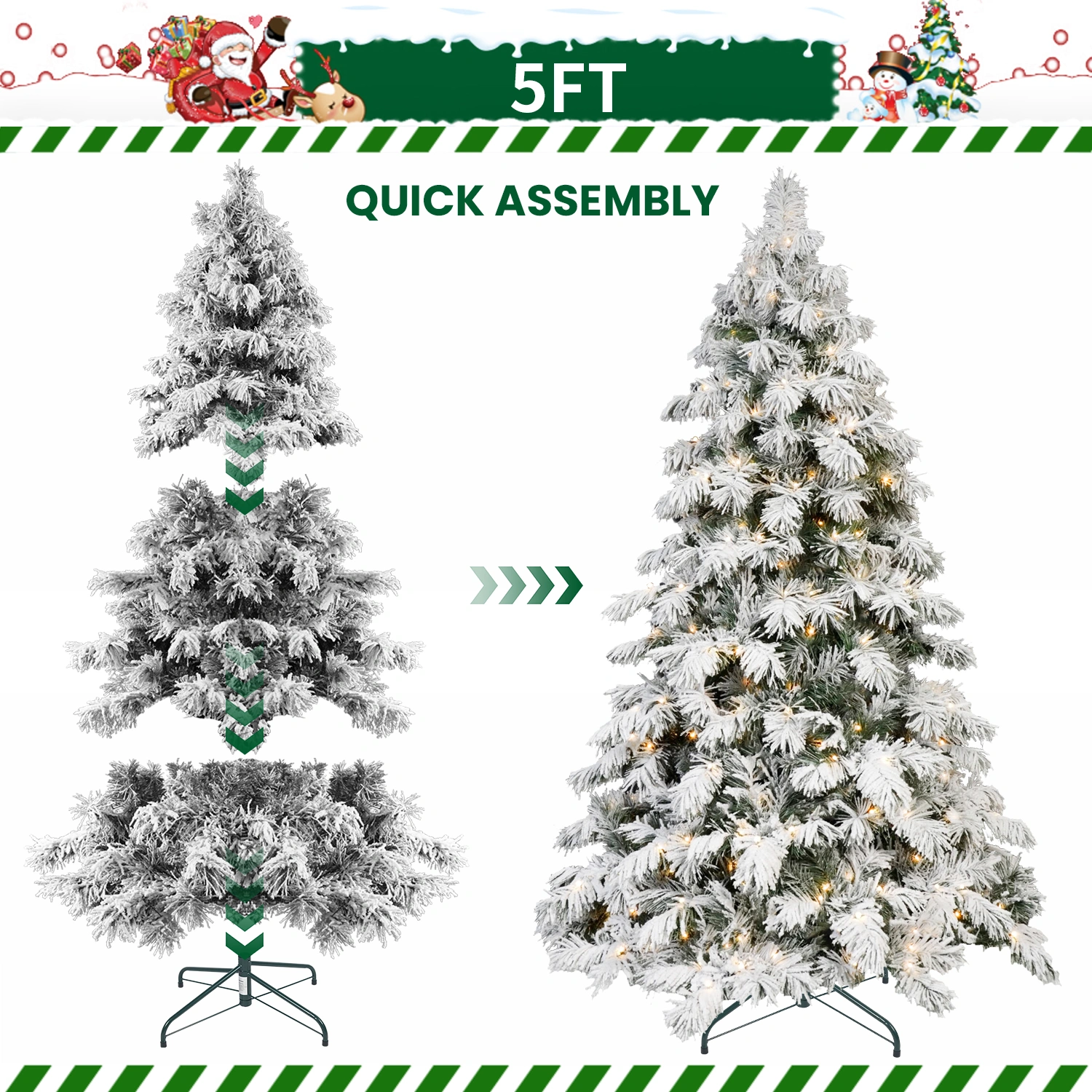 7ft Flocked Scarecrow Christmas Tree with 360 Warm White LEDs, 890 PVC Tips, Power Pole & Hinged Stand - Snowy Holiday Tree view 4