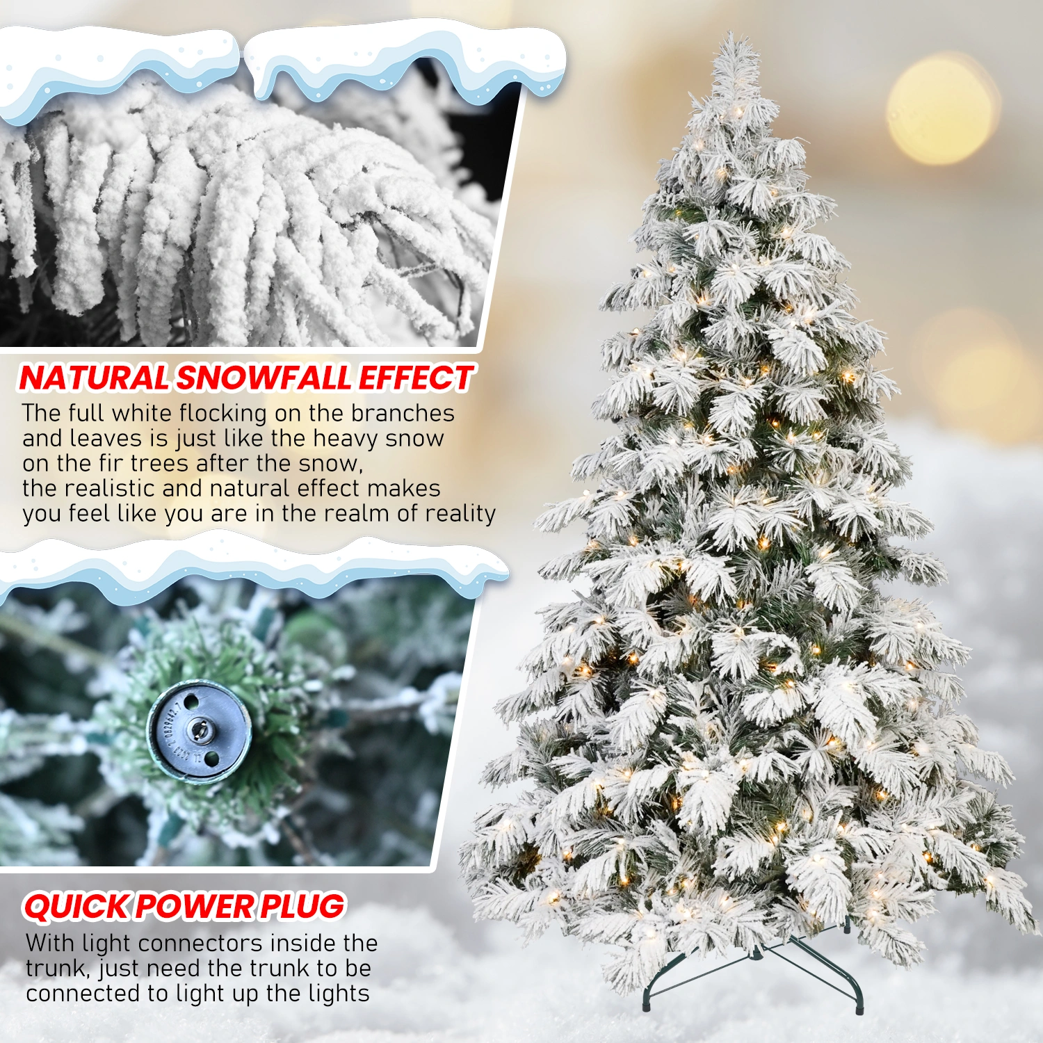 7ft Flocked Scarecrow Christmas Tree with 360 Warm White LEDs, 890 PVC Tips, Power Pole & Hinged Stand - Snowy Holiday Tree view 7