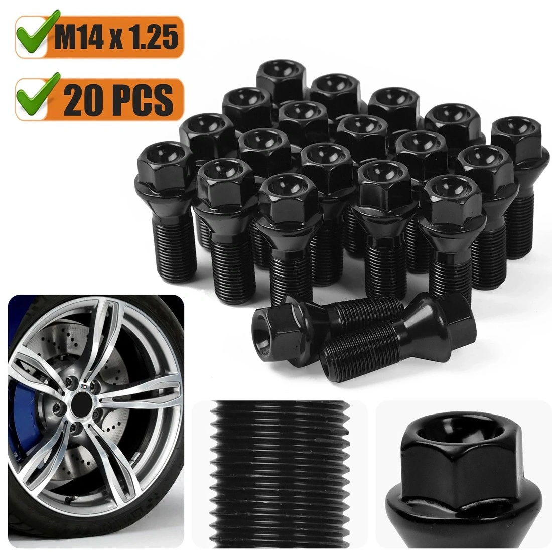 20Pcs Black BMW Wheel Bolts for 1-8 Series X1 X3 X5 X6 F20 F21 F40 M14x1.25 view 4