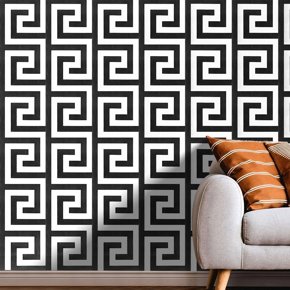Debona Athena Greek Key Metallic Glitter Wallpaper - White & Black Decor view 2