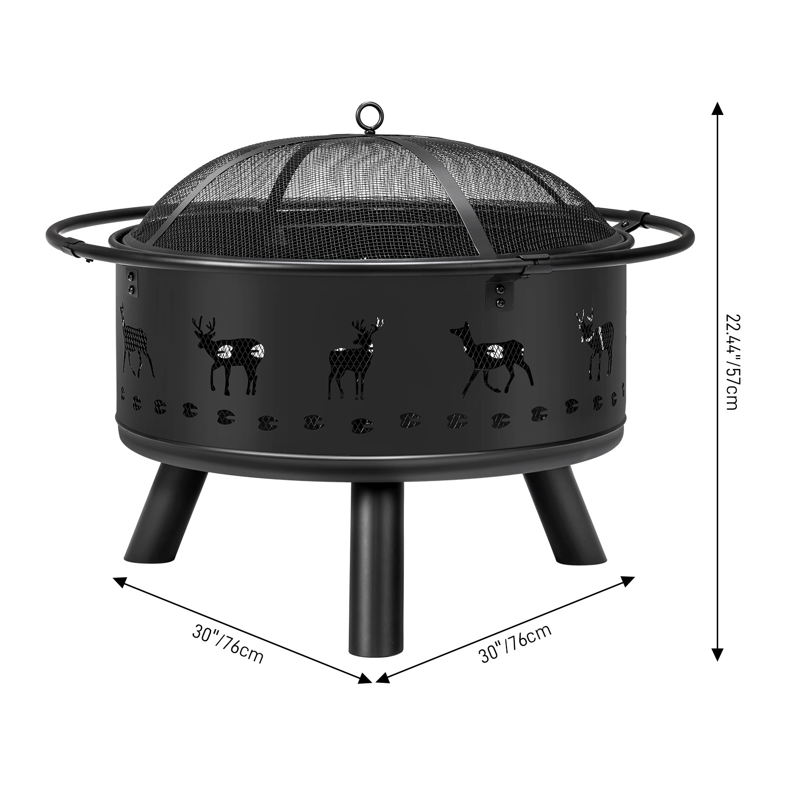 30 Inch Round Wood Burning Fire Pit, Heavy Duty Wrought Iron with Hinged Spark Screen & Lift Ring, Elk Cut view 2