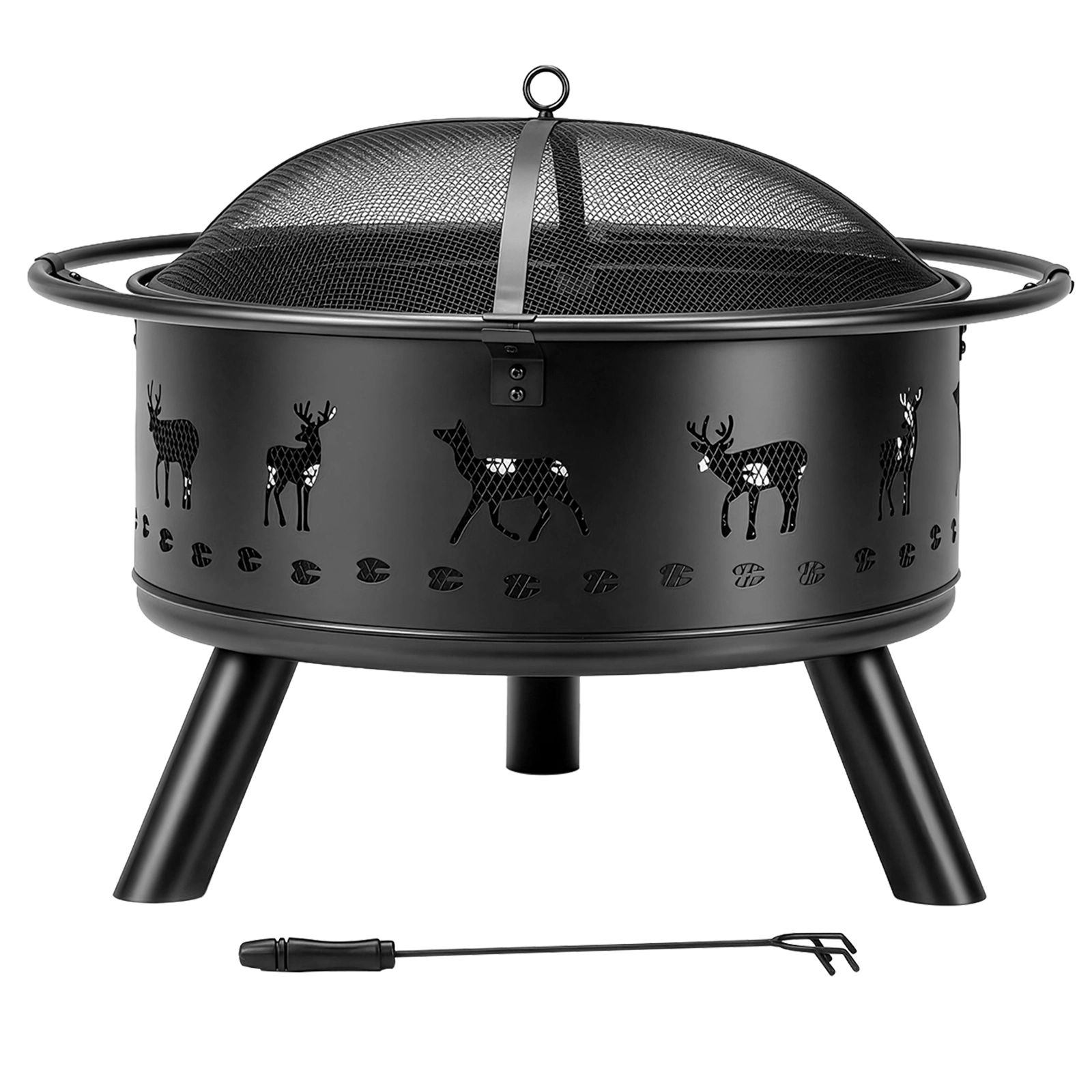 30 Inch Round Wood Burning Fire Pit, Heavy Duty Wrought Iron with Hinged Spark Screen & Lift Ring, Elk Cut view 3