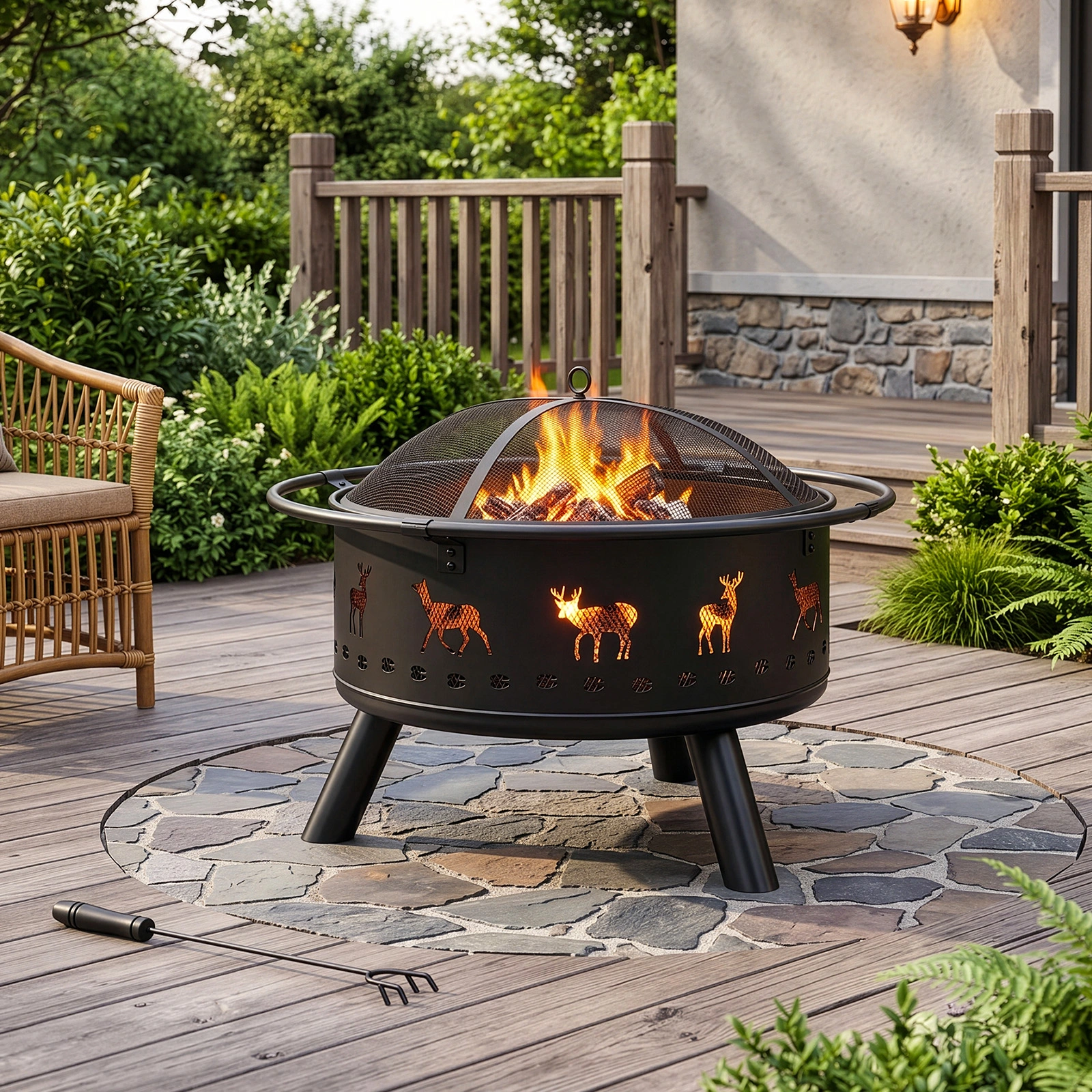 30 Inch Round Wood Burning Fire Pit, Heavy Duty Wrought Iron with Hinged Spark Screen & Lift Ring, Elk Cut view 7