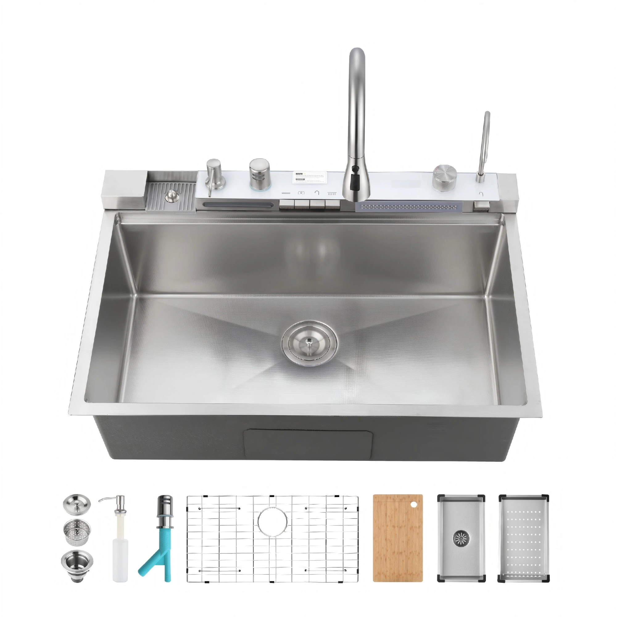 33x22 Inch Undermount Kitchen Sink 304 Stainless Steel Single Bowl with Pull Out Faucet, Whale Waterfall Design, Dishwasher Accessories, Dark Gray