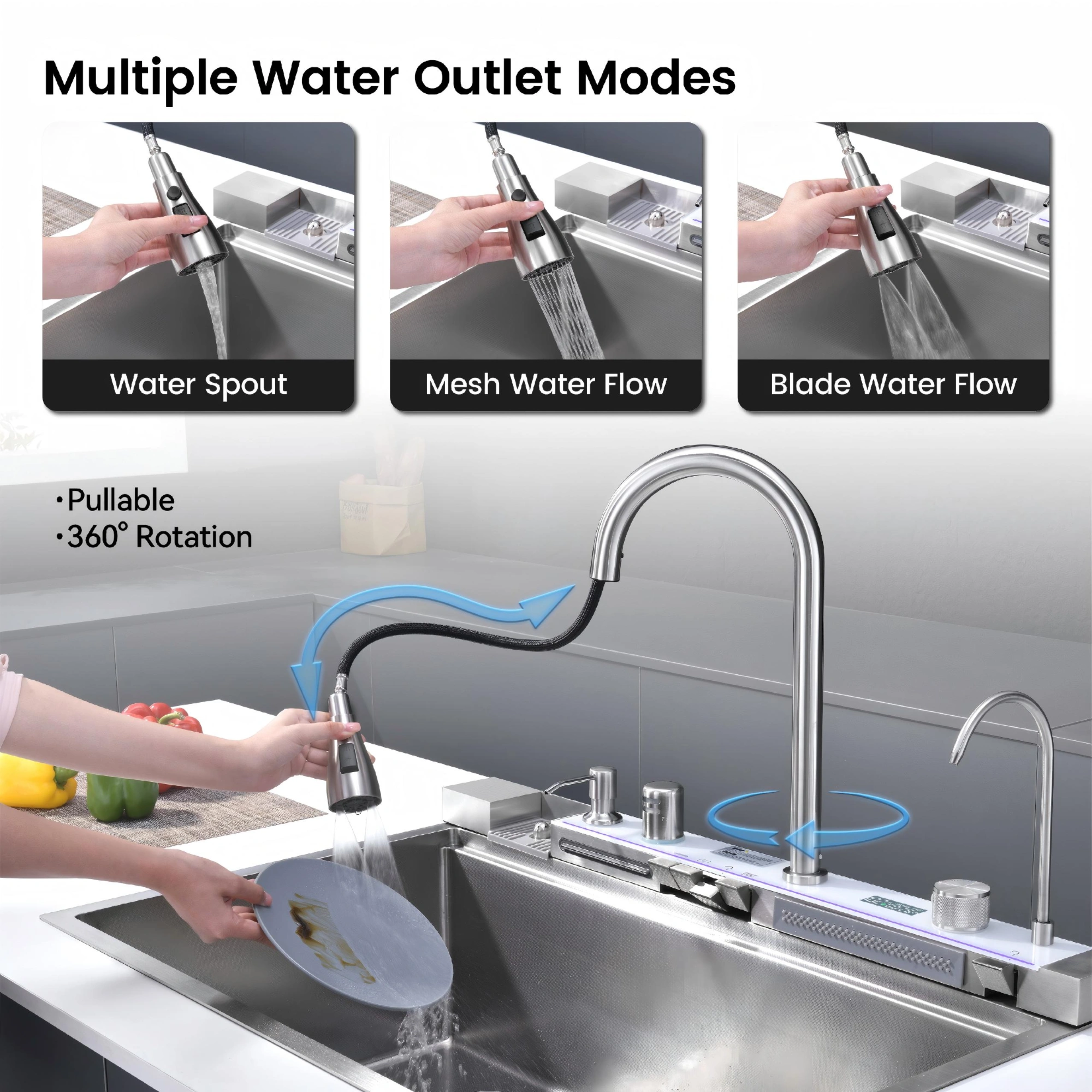 33x22 Inch Undermount Kitchen Sink 304 Stainless Steel Single Bowl with Pull Out Faucet, Whale Waterfall Design, Dishwasher Accessories, Dark Gray view 10