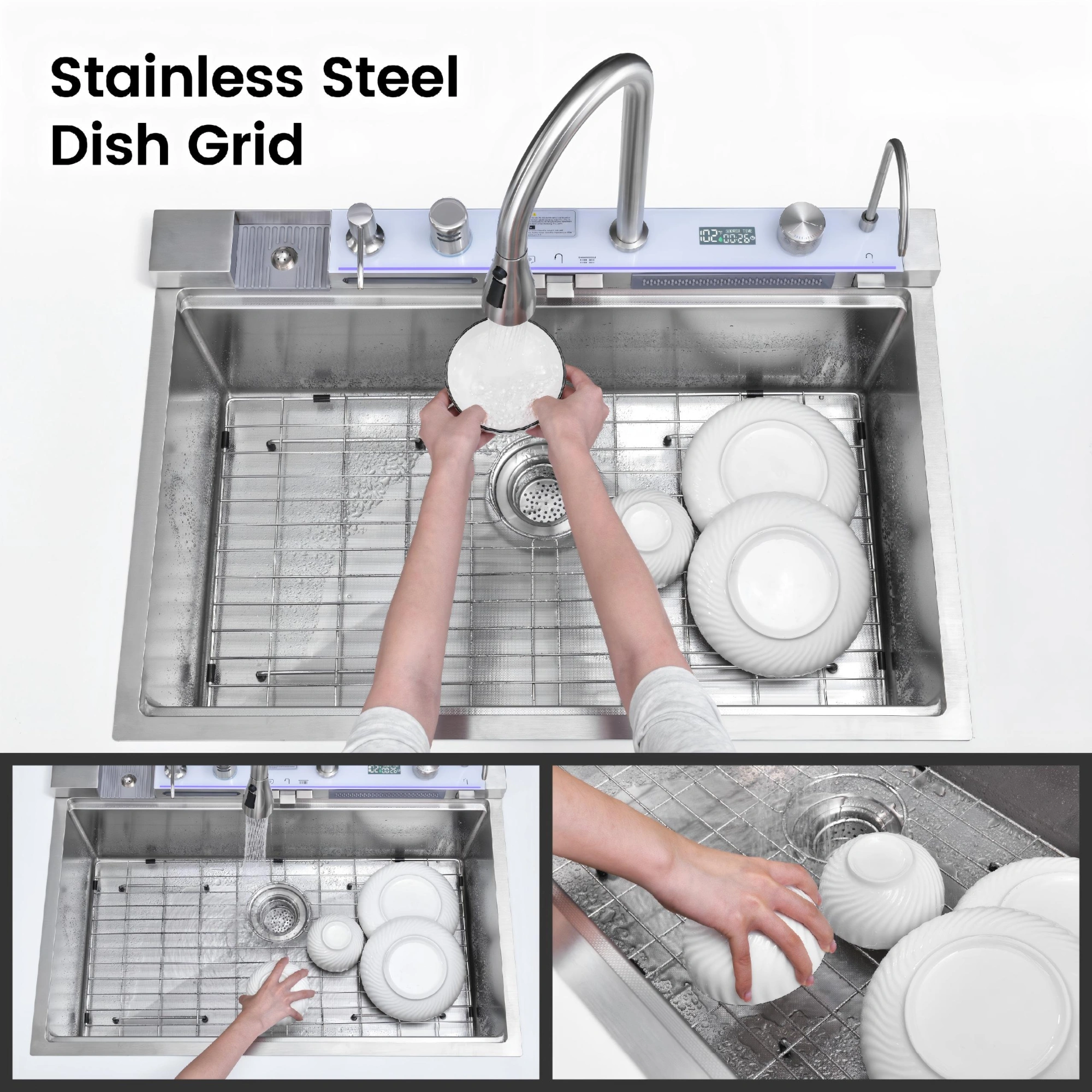 33x22 Inch Undermount Kitchen Sink 304 Stainless Steel Single Bowl with Pull Out Faucet, Whale Waterfall Design, Dishwasher Accessories, Dark Gray view 11