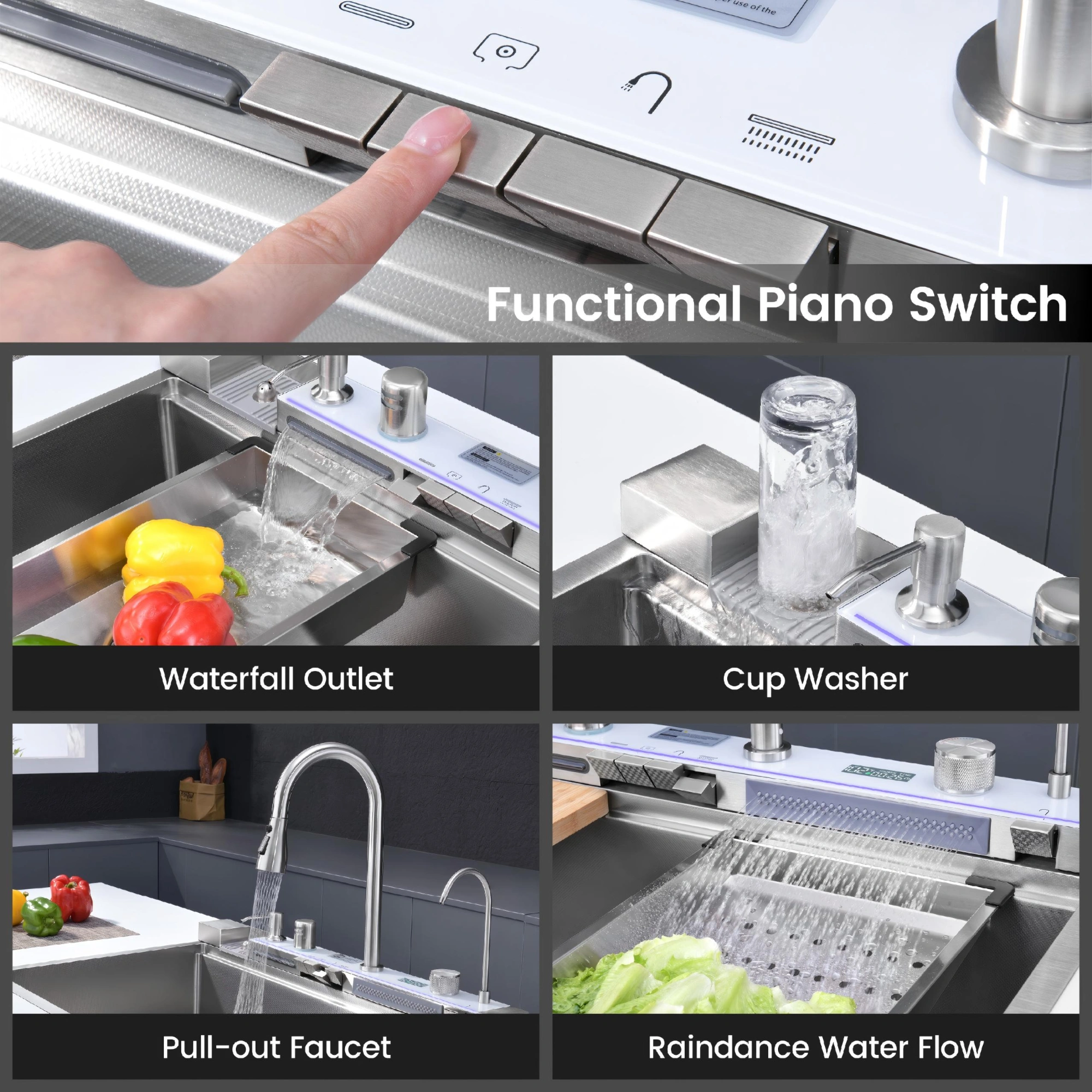 33x22 Inch Undermount Kitchen Sink 304 Stainless Steel Single Bowl with Pull Out Faucet, Whale Waterfall Design, Dishwasher Accessories, Dark Gray view 12