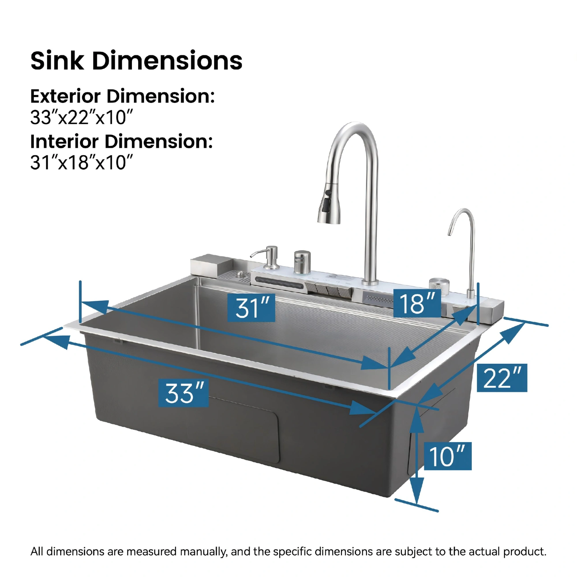 33x22 Inch Undermount Kitchen Sink 304 Stainless Steel Single Bowl with Pull Out Faucet, Whale Waterfall Design, Dishwasher Accessories, Dark Gray view 6