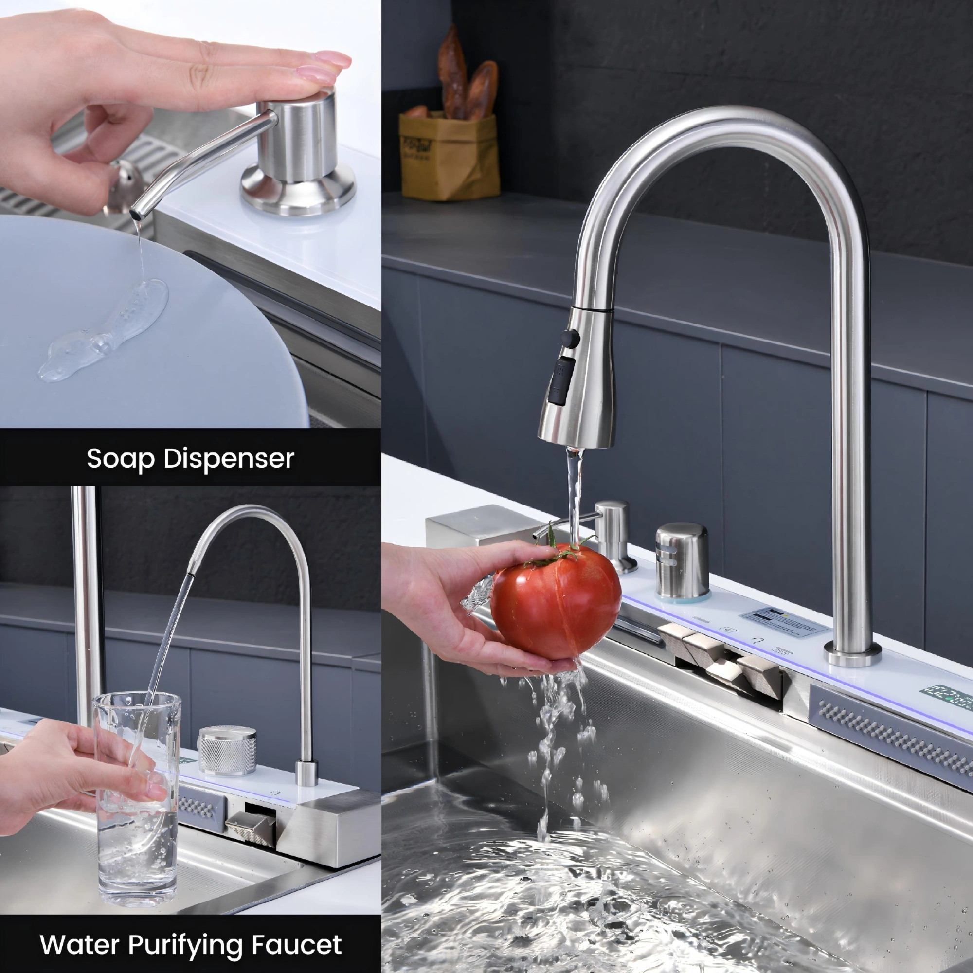 33x22 Inch Undermount Kitchen Sink 304 Stainless Steel Single Bowl with Pull Out Faucet, Whale Waterfall Design, Dishwasher Accessories, Dark Gray view 7