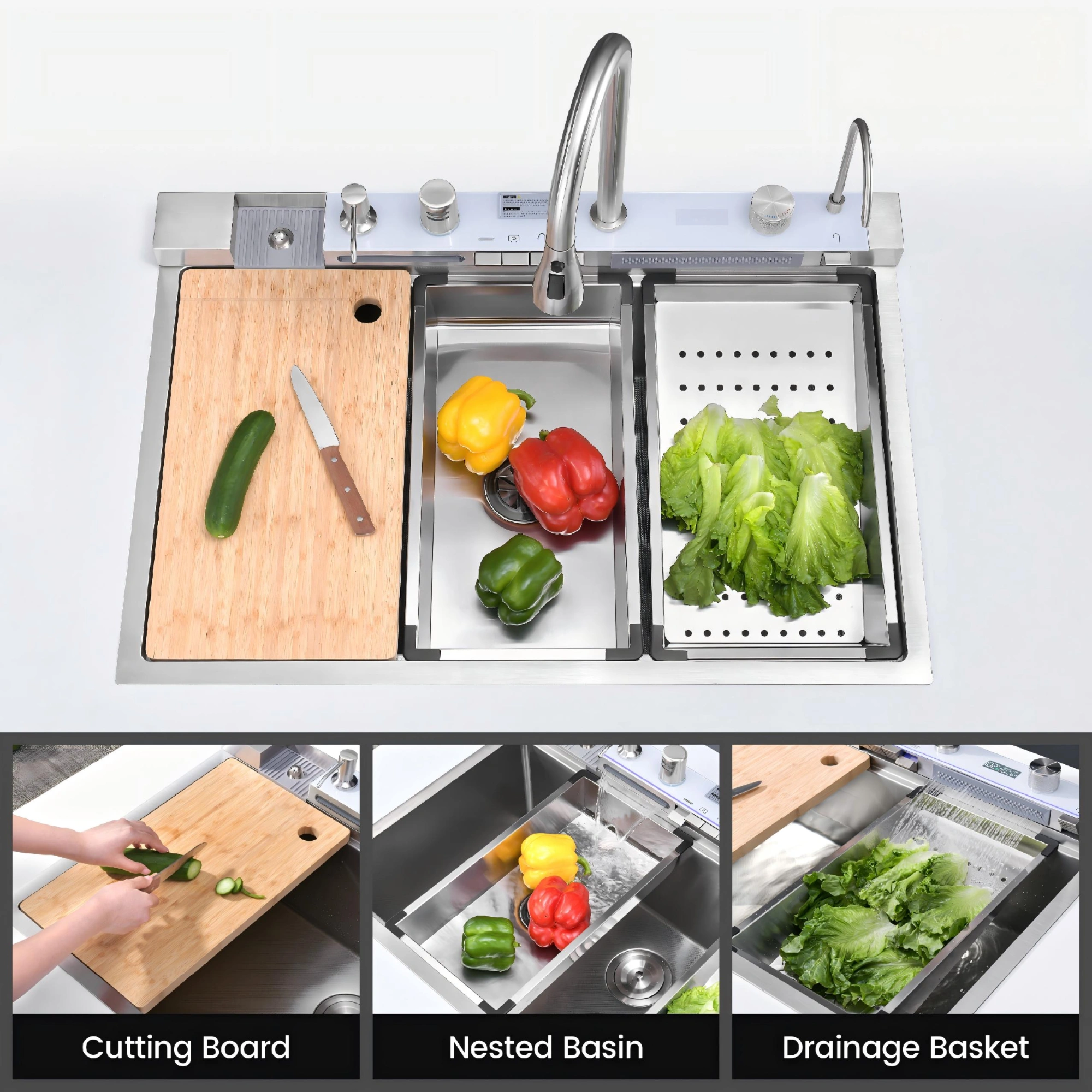 33x22 Inch Undermount Kitchen Sink 304 Stainless Steel Single Bowl with Pull Out Faucet, Whale Waterfall Design, Dishwasher Accessories, Dark Gray view 9