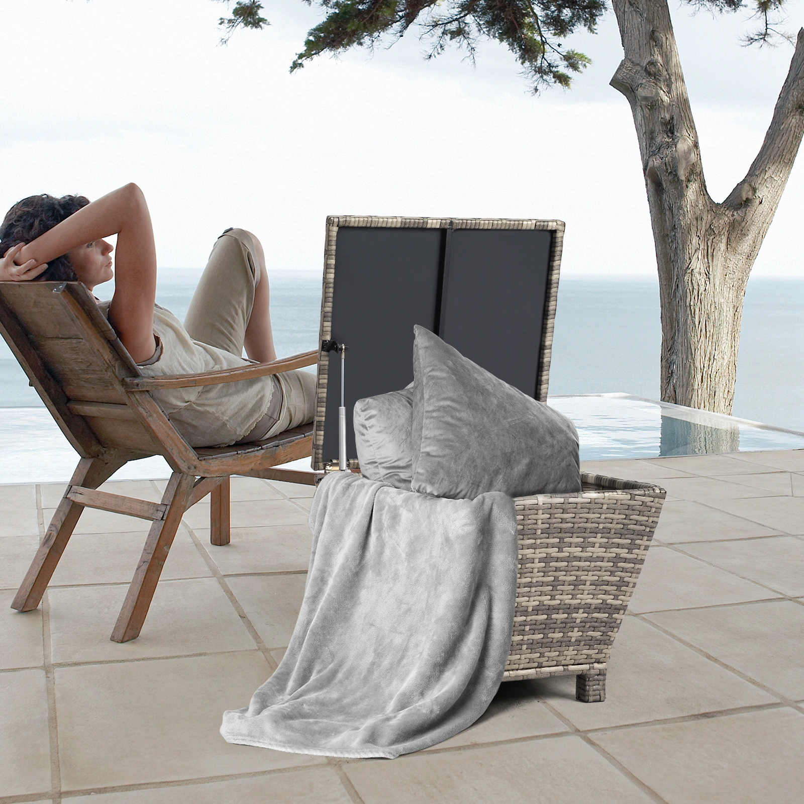 Outdoor PE Wicker Side Table with Storage, Grey Patio Storage Bin Container for Hose Cushion Towel view 13