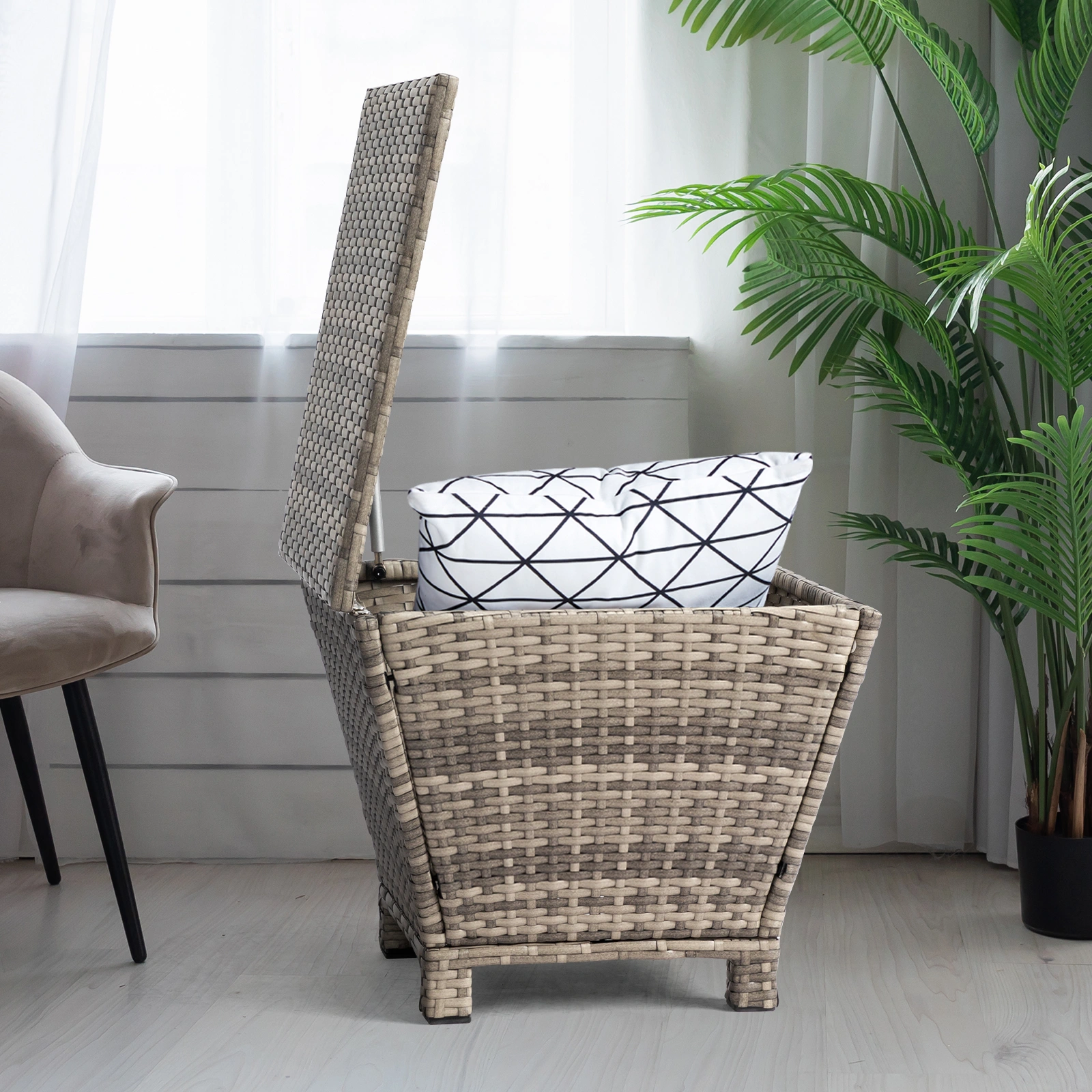 Outdoor PE Wicker Side Table with Storage, Grey Patio Storage Bin Container for Hose Cushion Towel view 14