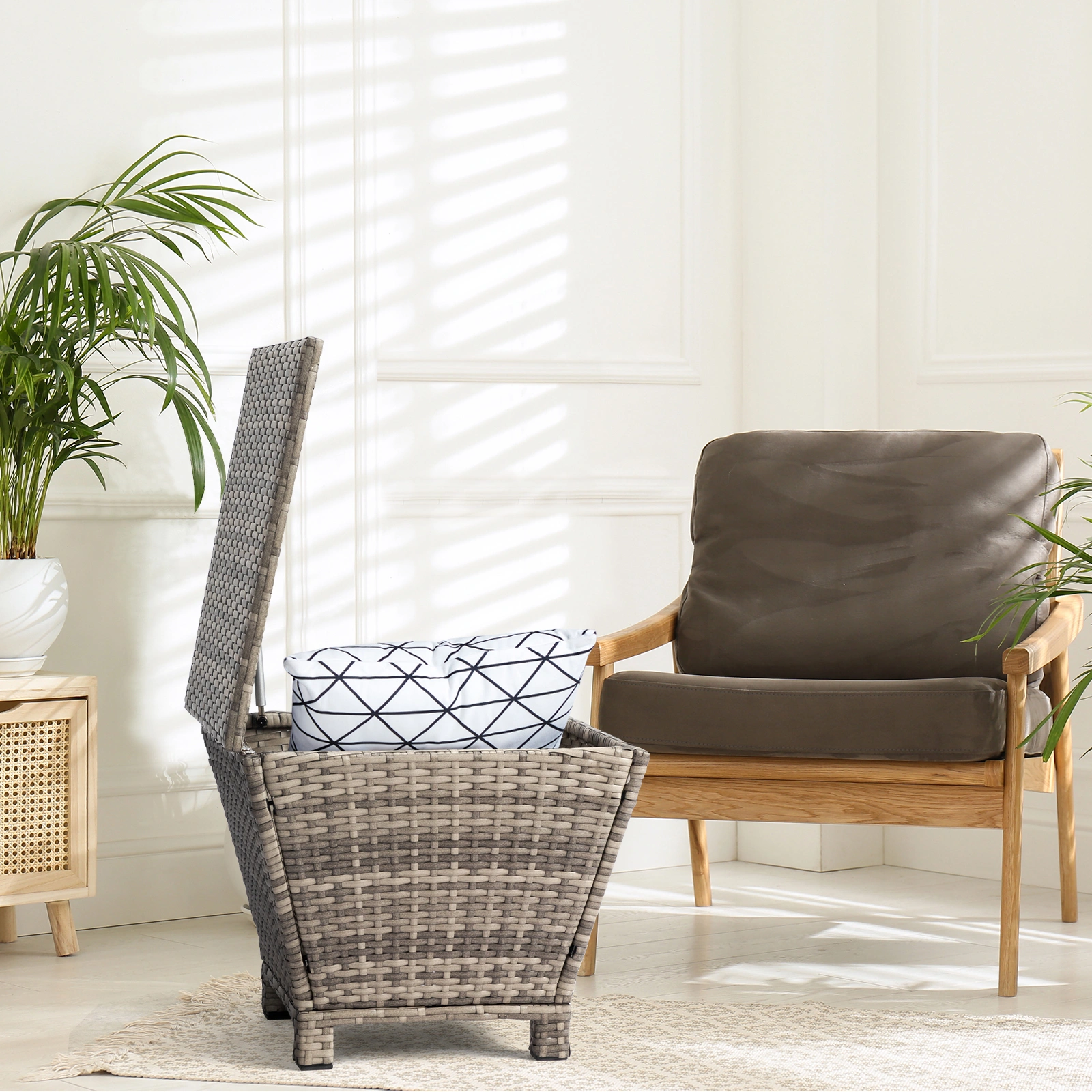 Outdoor PE Wicker Side Table with Storage, Grey Patio Storage Bin Container for Hose Cushion Towel view 15