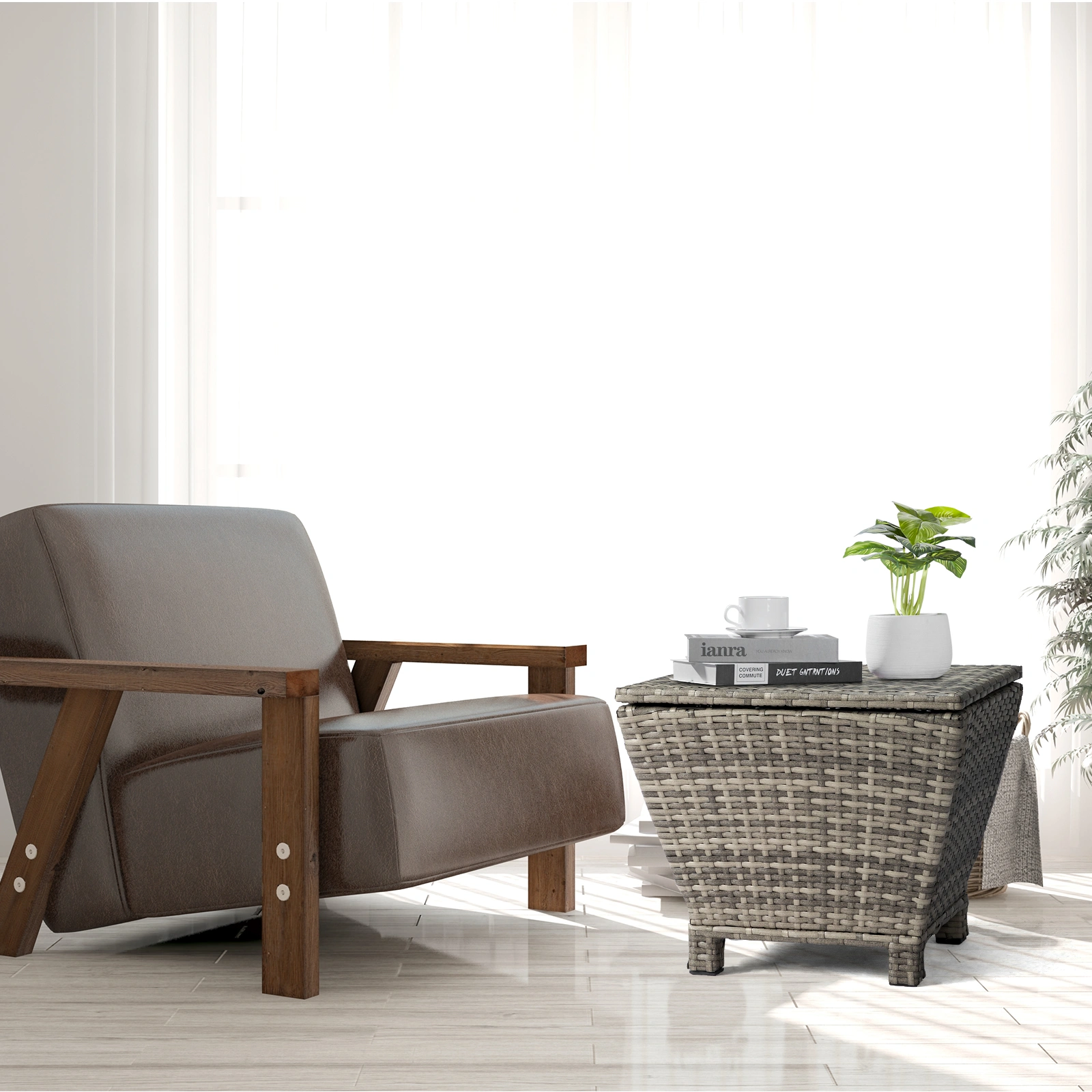 Outdoor PE Wicker Side Table with Storage, Grey Patio Storage Bin Container for Hose Cushion Towel view 16
