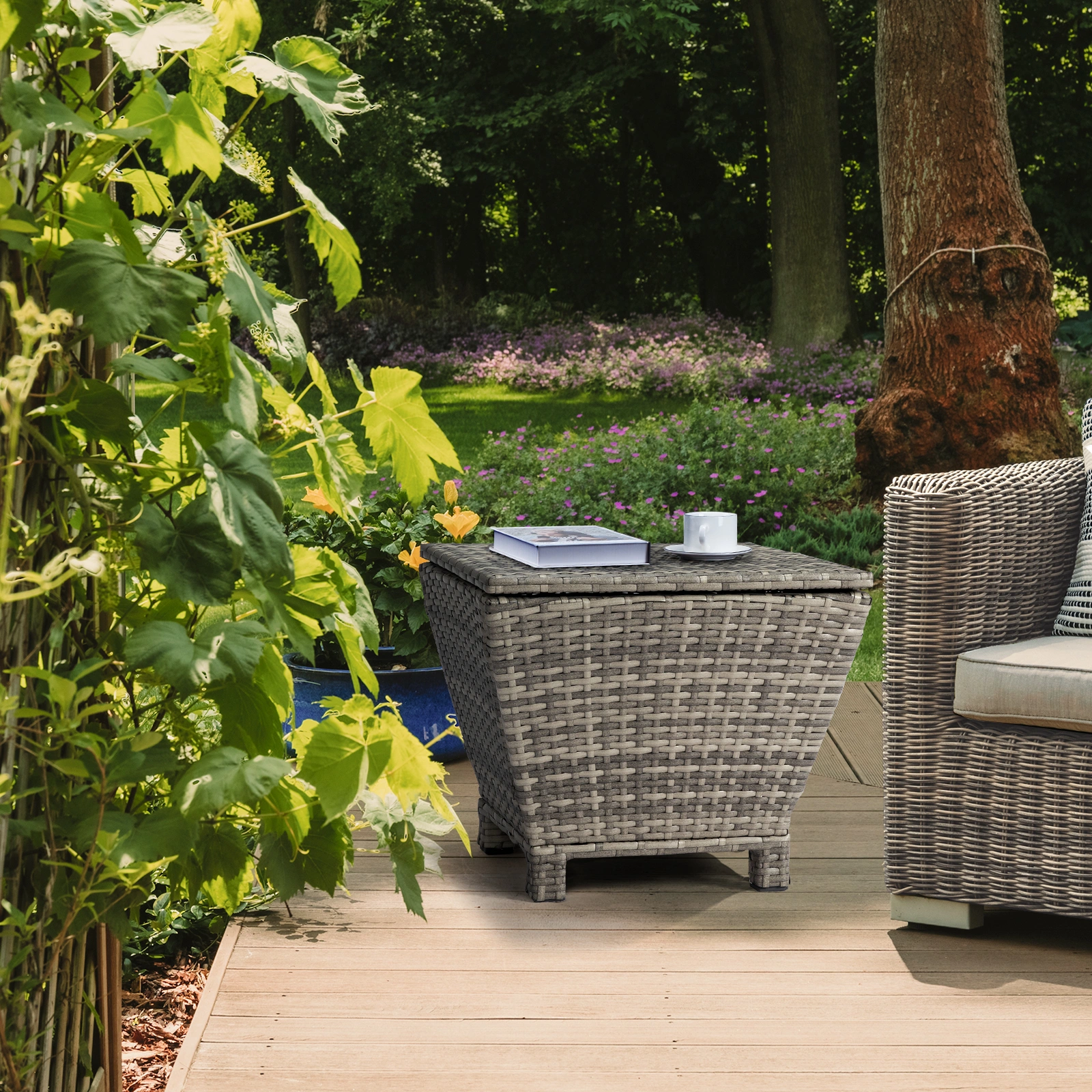 Outdoor PE Wicker Side Table with Storage, Grey Patio Storage Bin Container for Hose Cushion Towel view 17