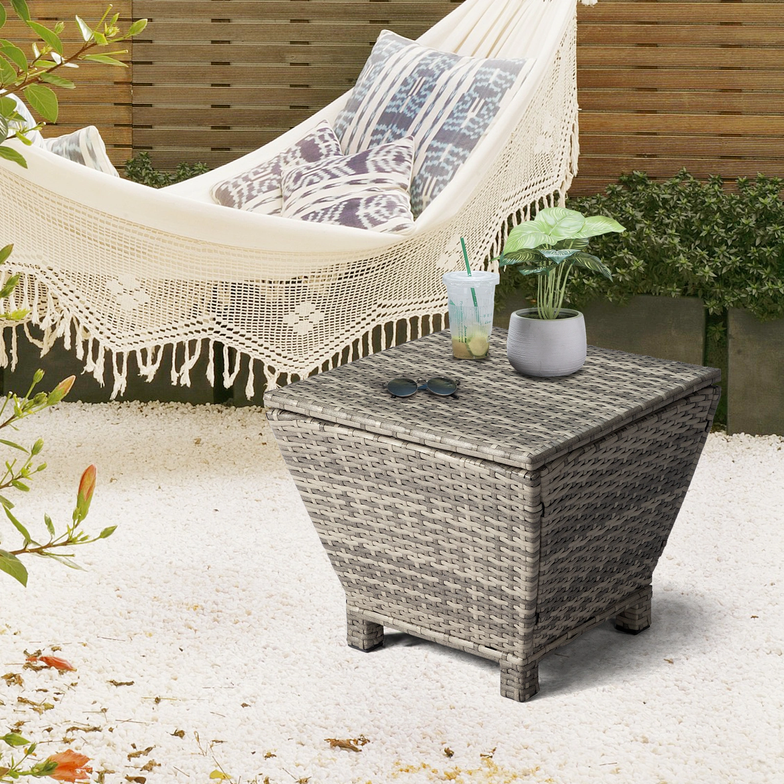 Outdoor PE Wicker Side Table with Storage, Grey Patio Storage Bin Container for Hose Cushion Towel view 19
