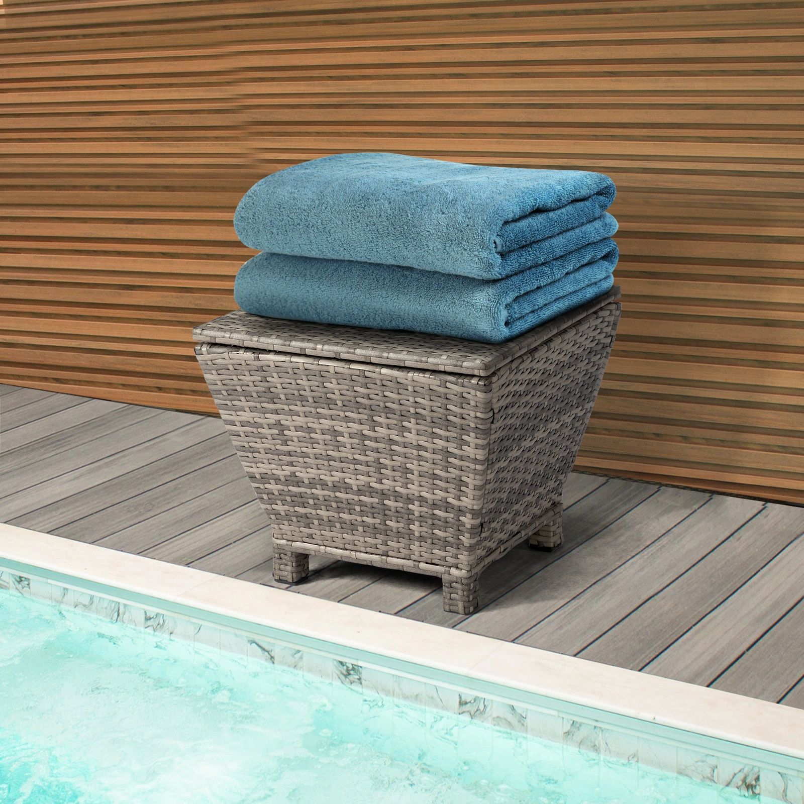 Outdoor PE Wicker Side Table with Storage, Grey Patio Storage Bin Container for Hose Cushion Towel view 21