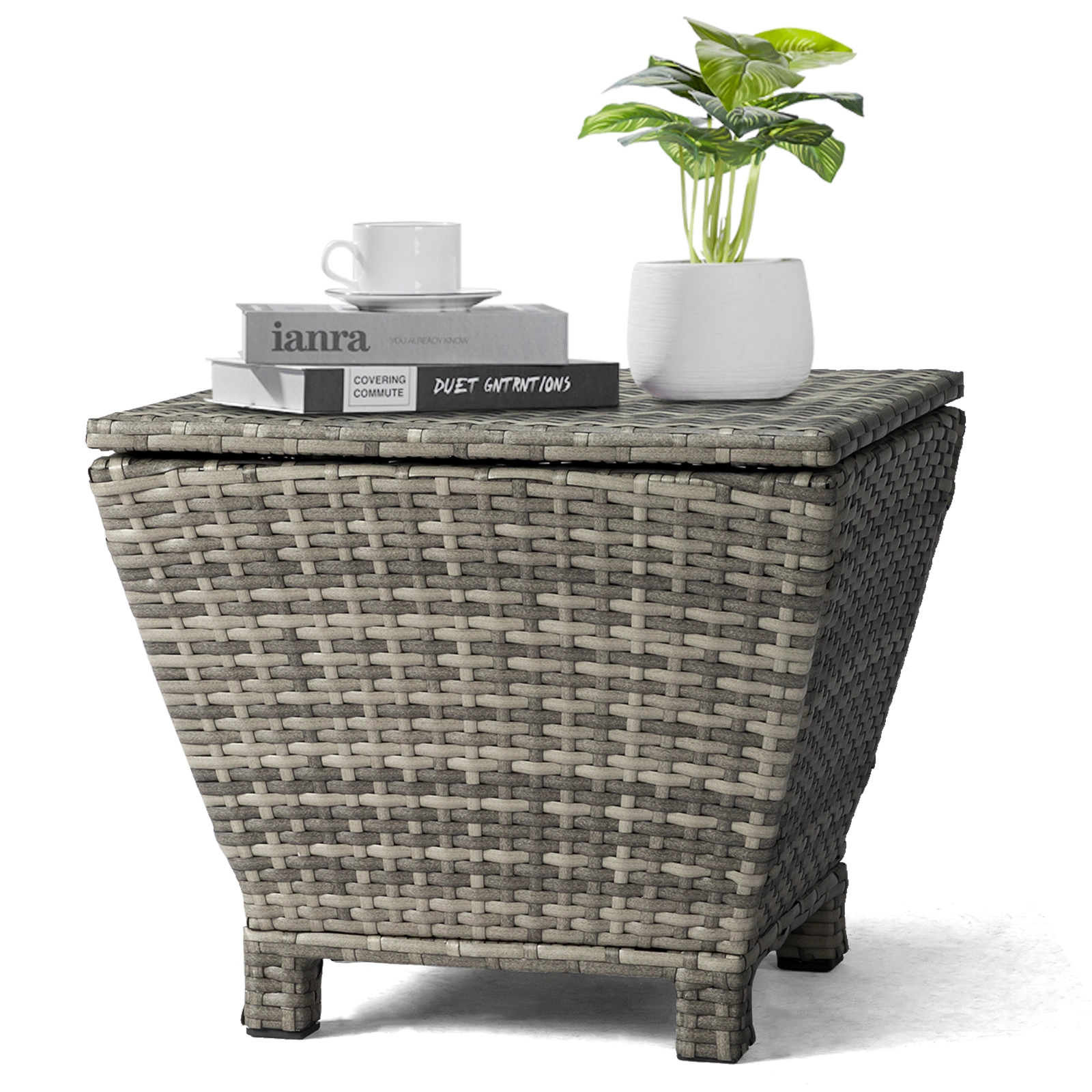 Outdoor PE Wicker Side Table with Storage, Grey Patio Storage Bin Container for Hose Cushion Towel view 26