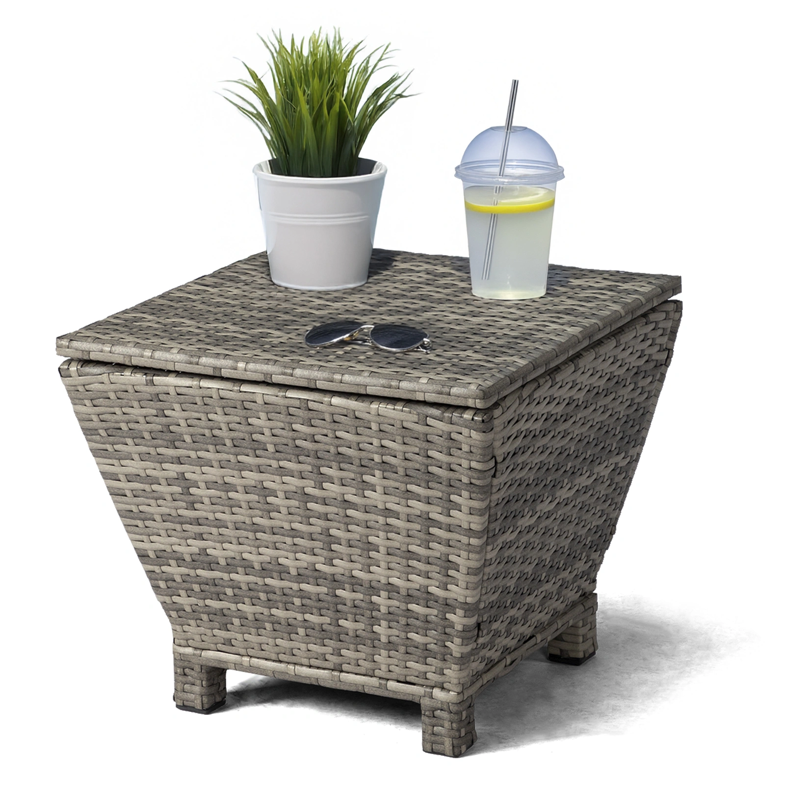 Outdoor PE Wicker Side Table with Storage, Grey Patio Storage Bin Container for Hose Cushion Towel view 9