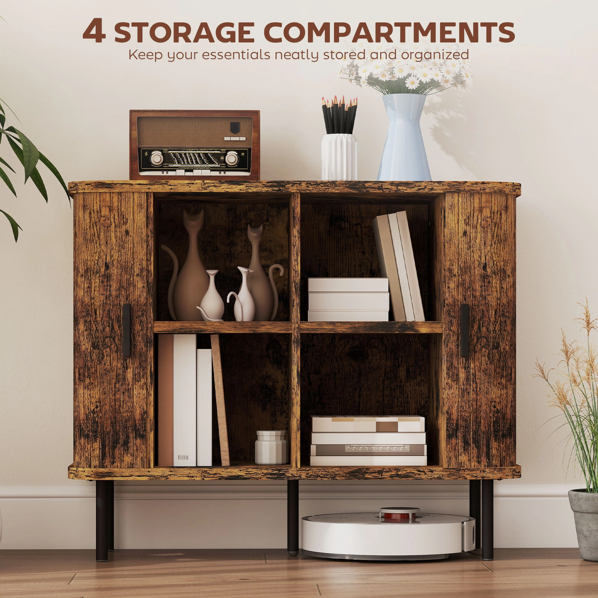 Kitchen Storage Cabinet, Freestanding Cupboard with Shelves, Wood Top & Metal Frame, White, 23.6"D x 11.8"W x 35"H view 4