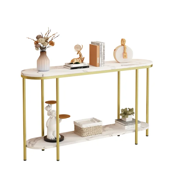2-Tier Oval Console Table, White Faux Marble Top with Gold Metal Frame, Modern Entryway Table with Open Shelf, 42.1"×11.4"×30.5" Narrow Sofa Table for Hallway, Living Room & Foyer view 2