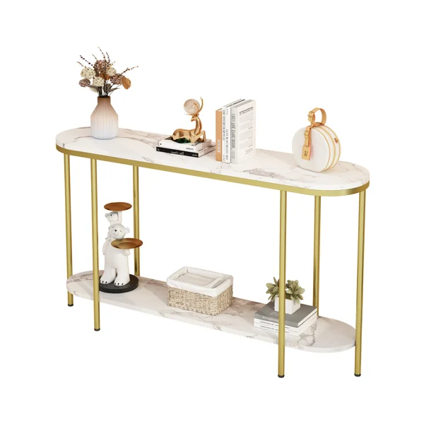 2-Tier Oval Console Table, White Faux Marble Top with Gold Metal Frame, Modern Entryway Table with Open Shelf, 42.1"×11.4"×30.5" Narrow Sofa Table for Hallway, Living Room & Foyer view 3
