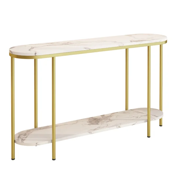 2-Tier Oval Console Table, White Faux Marble Top with Gold Metal Frame, Modern Entryway Table with Open Shelf, 42.1"×11.4"×30.5" Narrow Sofa Table for Hallway, Living Room & Foyer view 4