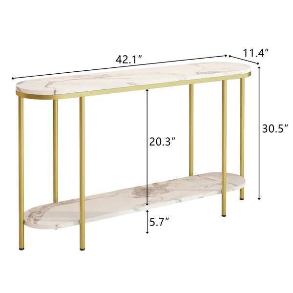 2-Tier Oval Console Table, White Faux Marble Top with Gold Metal Frame, Modern Entryway Table with Open Shelf, 42.1"×11.4"×30.5" Narrow Sofa Table for Hallway, Living Room & Foyer view 5