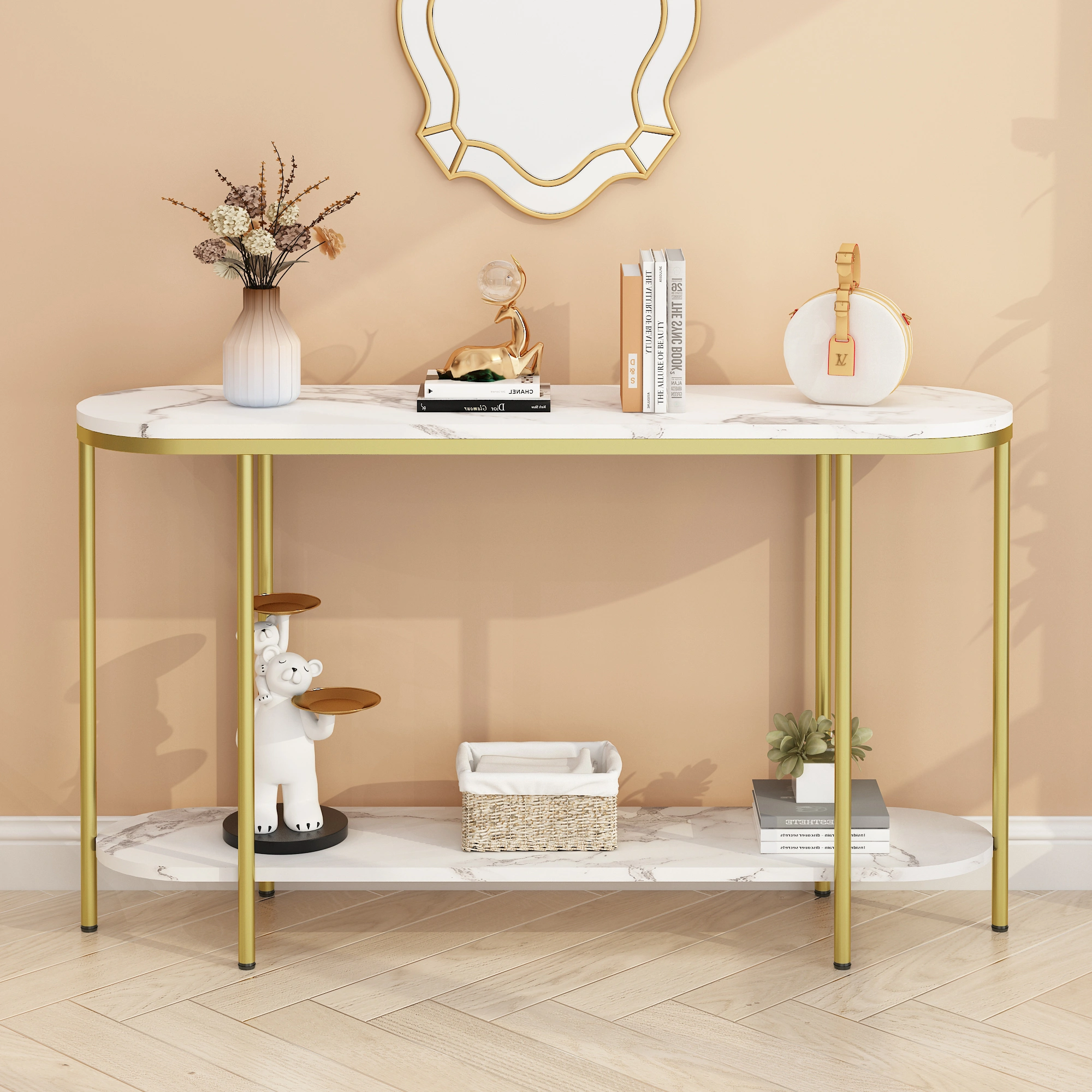 2-Tier Oval Console Table, White Faux Marble Top with Gold Metal Frame, Modern Entryway Table with Open Shelf, 42.1"×11.4"×30.5" Narrow Sofa Table for Hallway, Living Room & Foyer view 10