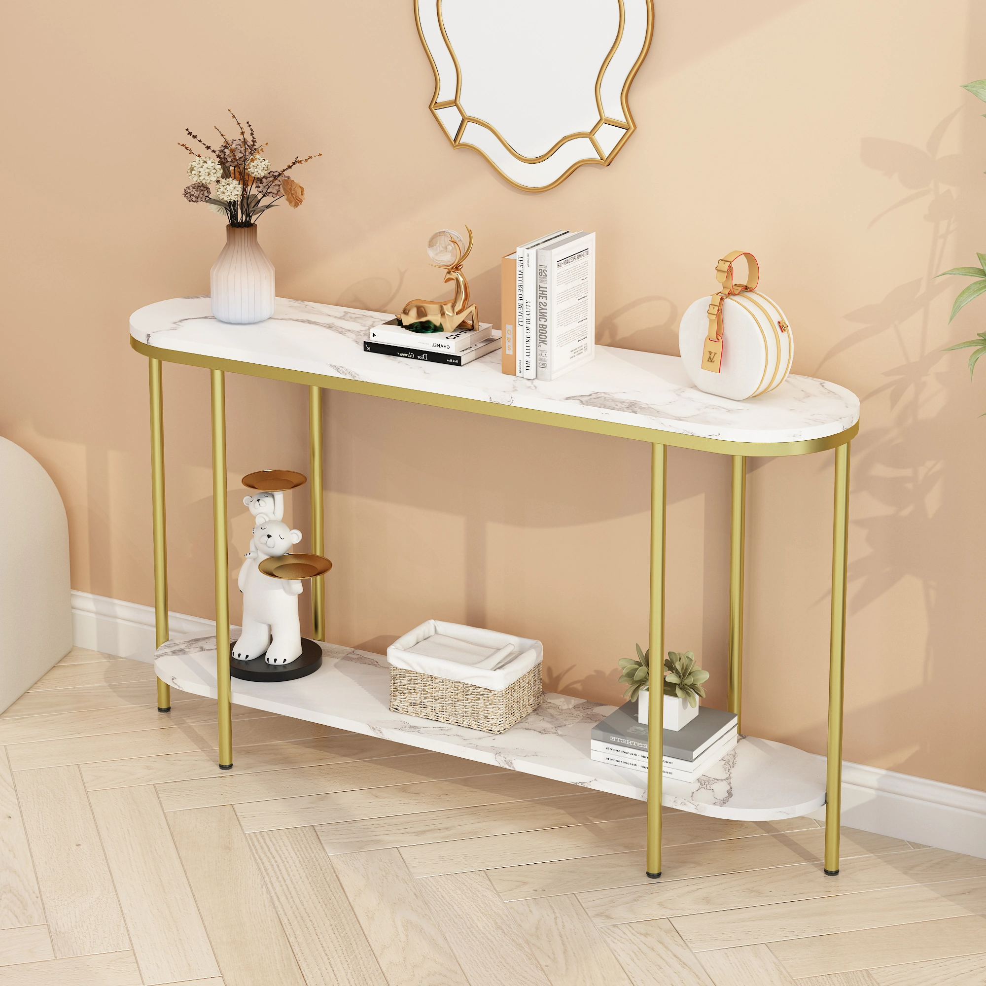2-Tier Oval Console Table, White Faux Marble Top with Gold Metal Frame, Modern Entryway Table with Open Shelf, 42.1"×11.4"×30.5" Narrow Sofa Table for Hallway, Living Room & Foyer view 11