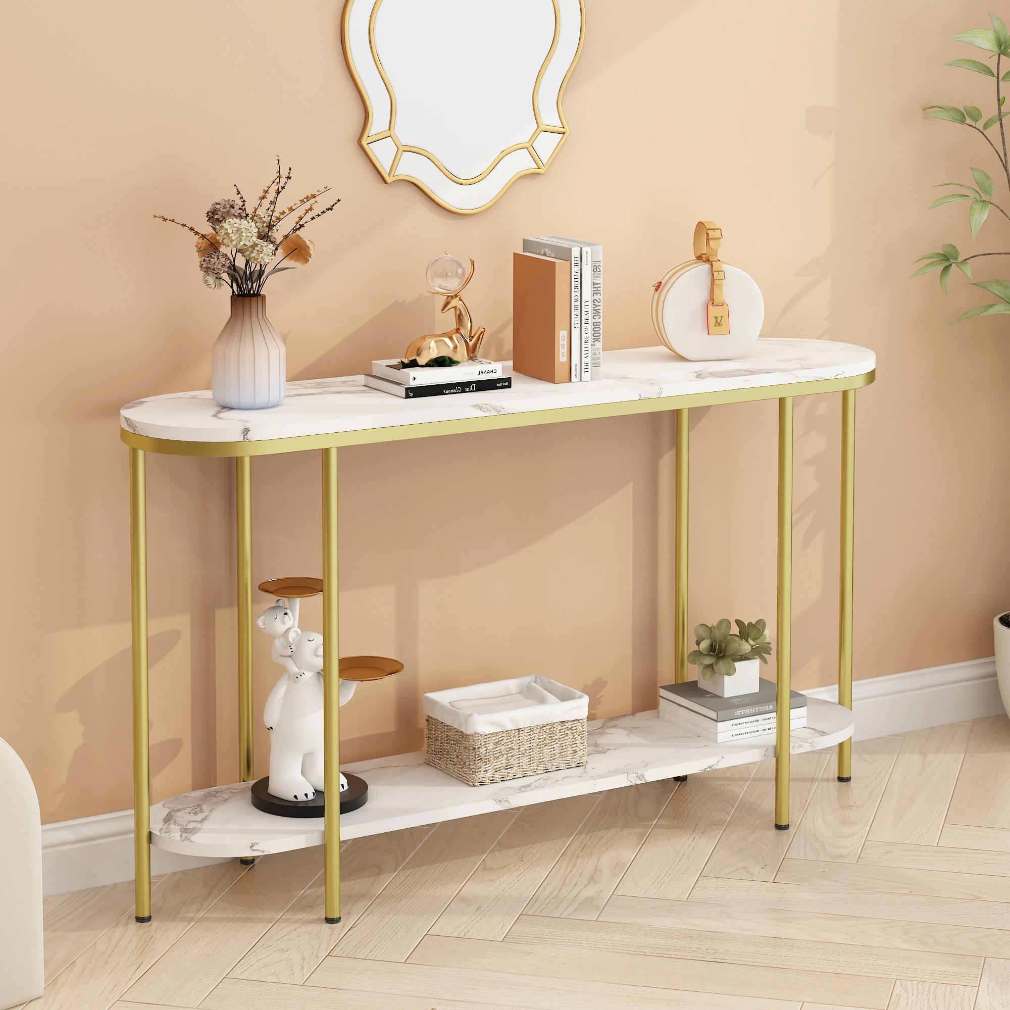 2-Tier Oval Console Table, White Faux Marble Top with Gold Metal Frame, Modern Entryway Table with Open Shelf, 42.1"×11.4"×30.5" Narrow Sofa Table for Hallway, Living Room & Foyer view 12