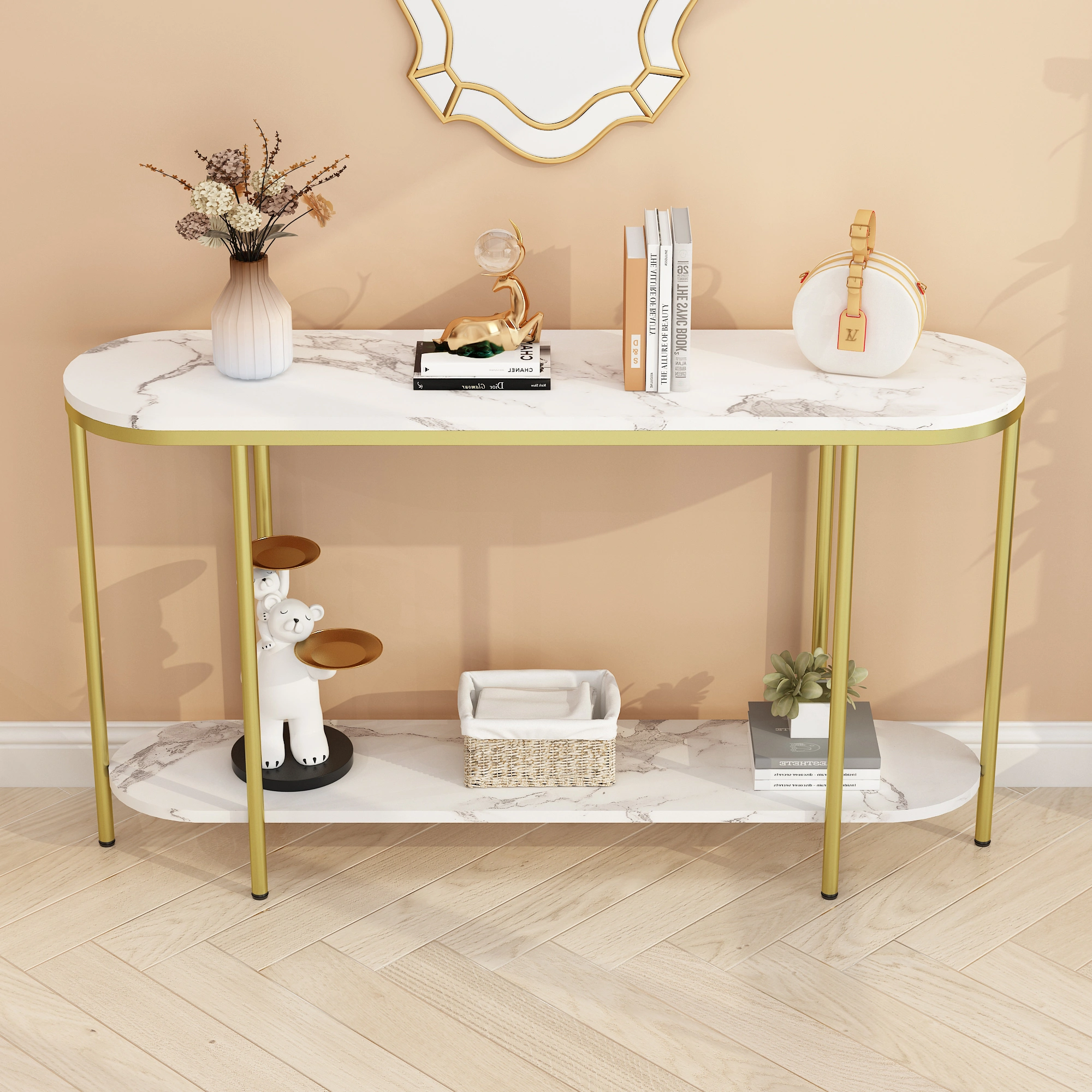 2-Tier Oval Console Table, White Faux Marble Top with Gold Metal Frame, Modern Entryway Table with Open Shelf, 42.1"×11.4"×30.5" Narrow Sofa Table for Hallway, Living Room & Foyer view 13