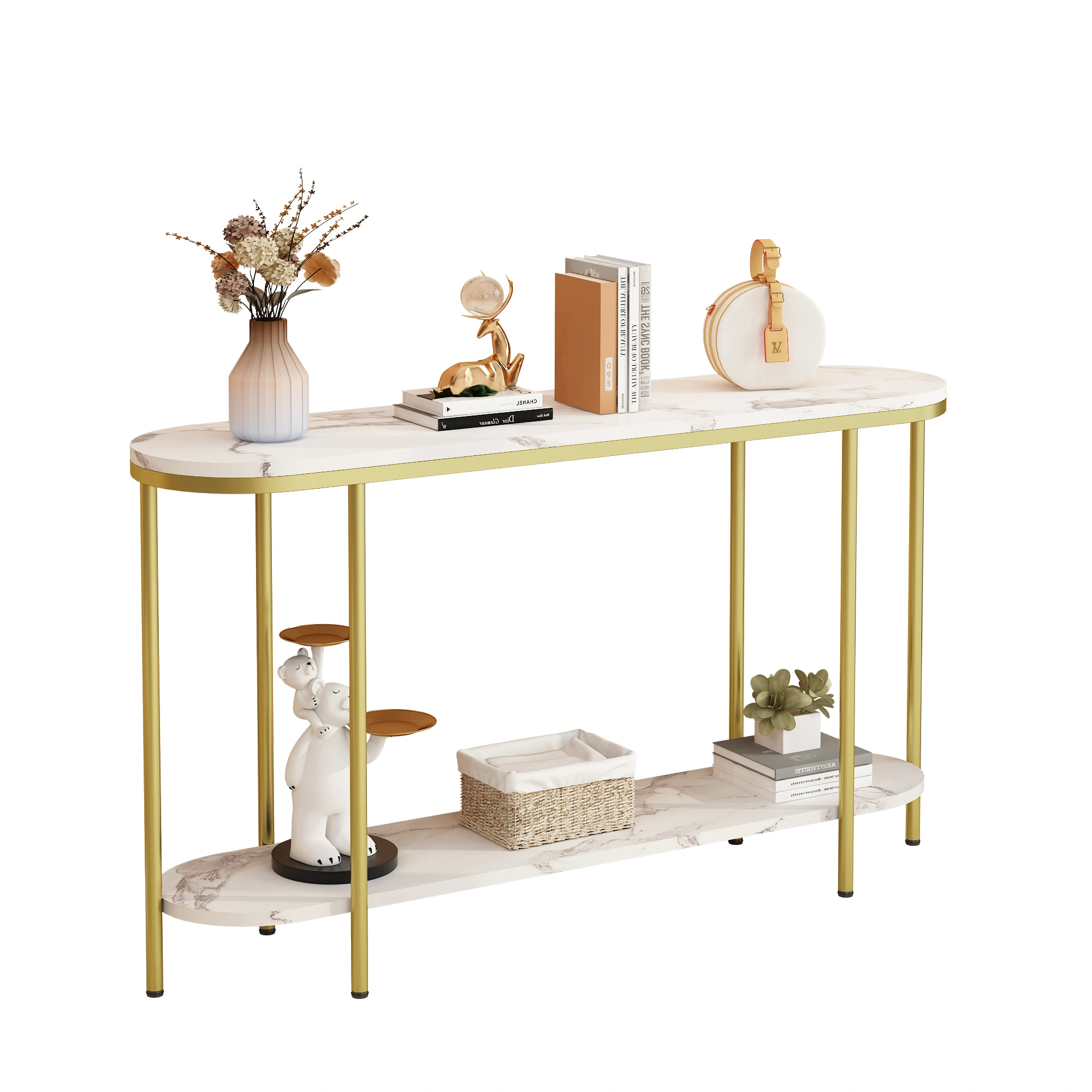 2-Tier Oval Console Table, White Faux Marble Top with Gold Metal Frame, Modern Entryway Table with Open Shelf, 42.1"×11.4"×30.5" Narrow Sofa Table for Hallway, Living Room & Foyer view 2