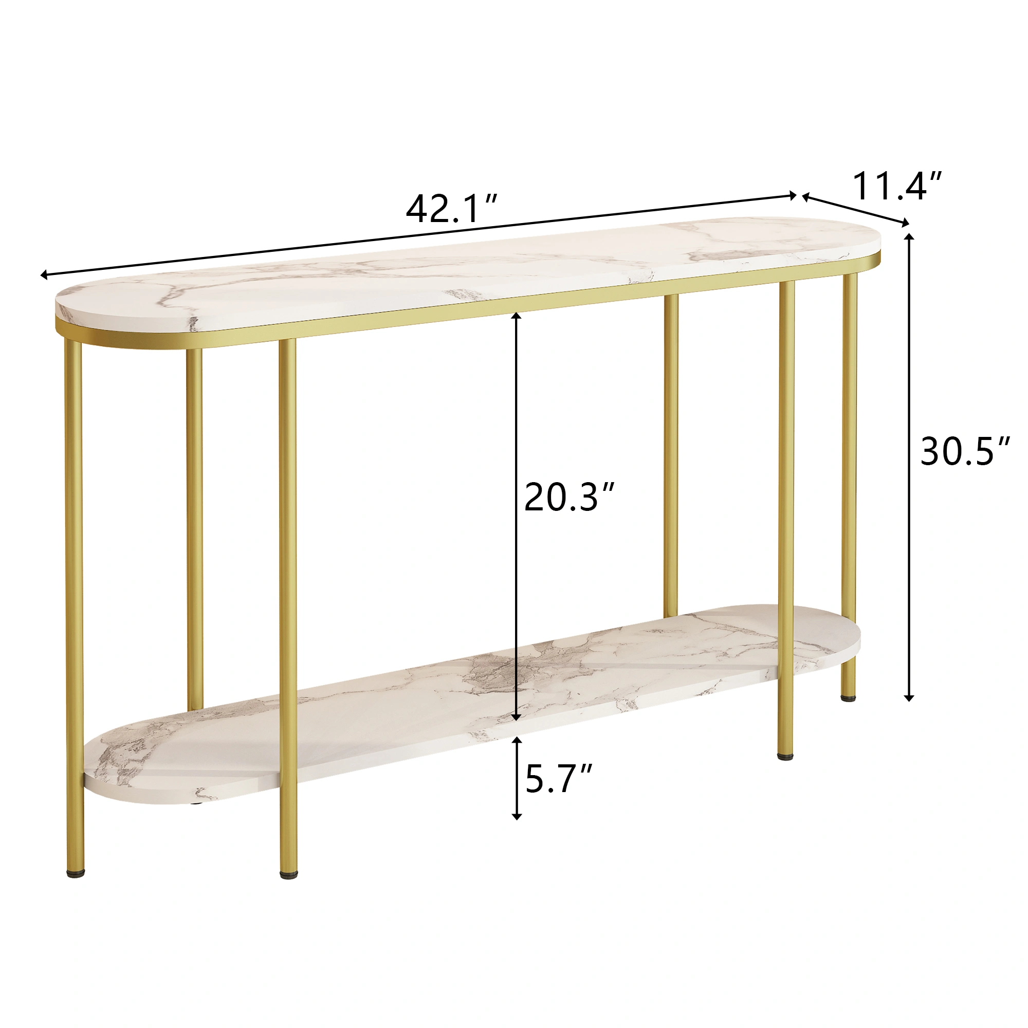 2-Tier Oval Console Table, White Faux Marble Top with Gold Metal Frame, Modern Entryway Table with Open Shelf, 42.1"×11.4"×30.5" Narrow Sofa Table for Hallway, Living Room & Foyer view 5